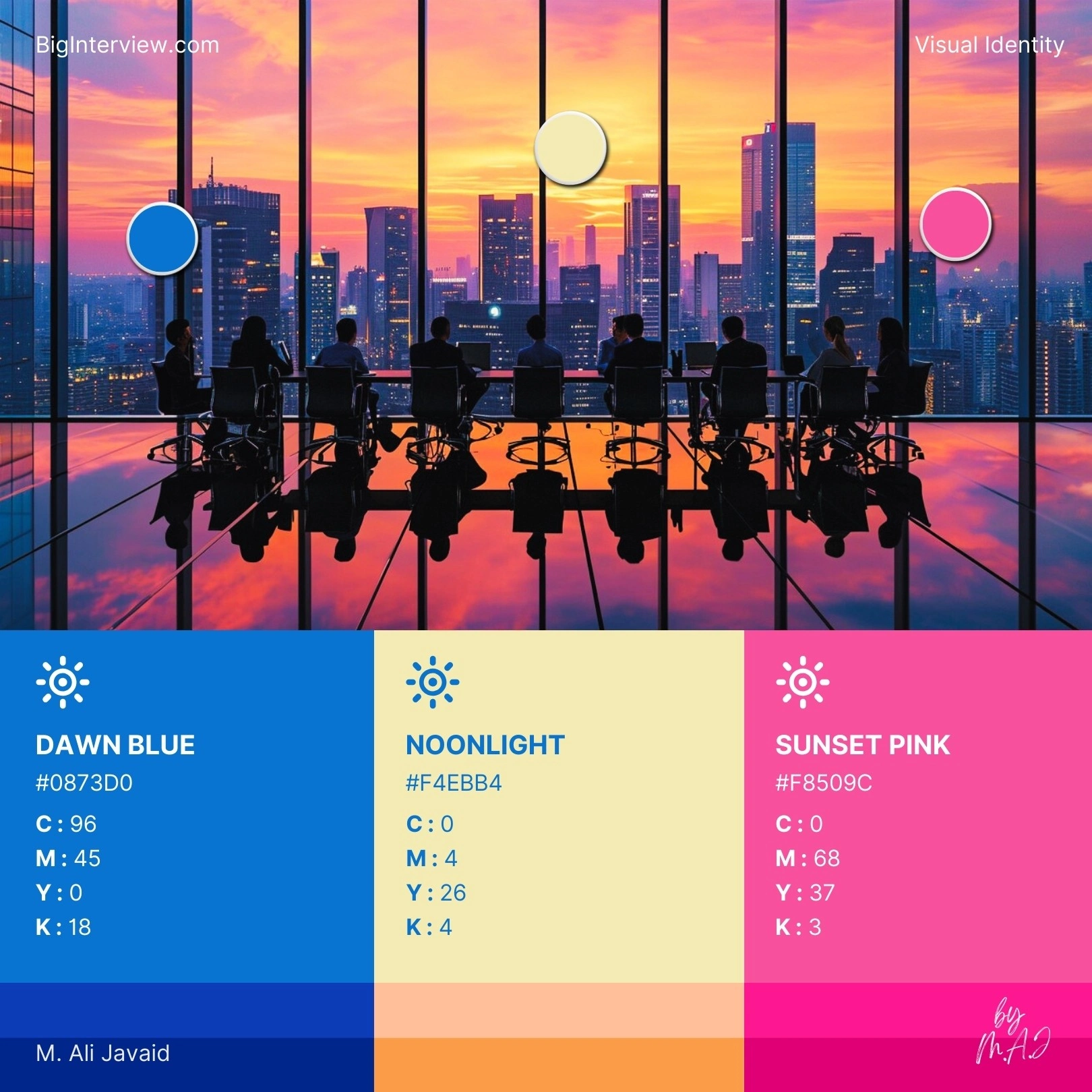 Drew inspiration from the sun-shaped logo to create a dynamic color palette that flows from warm sunrise tones to calm sunset hues: symbolizing a full, productive workday and visually reinforcing the brand’s connection to daily growth and progress.