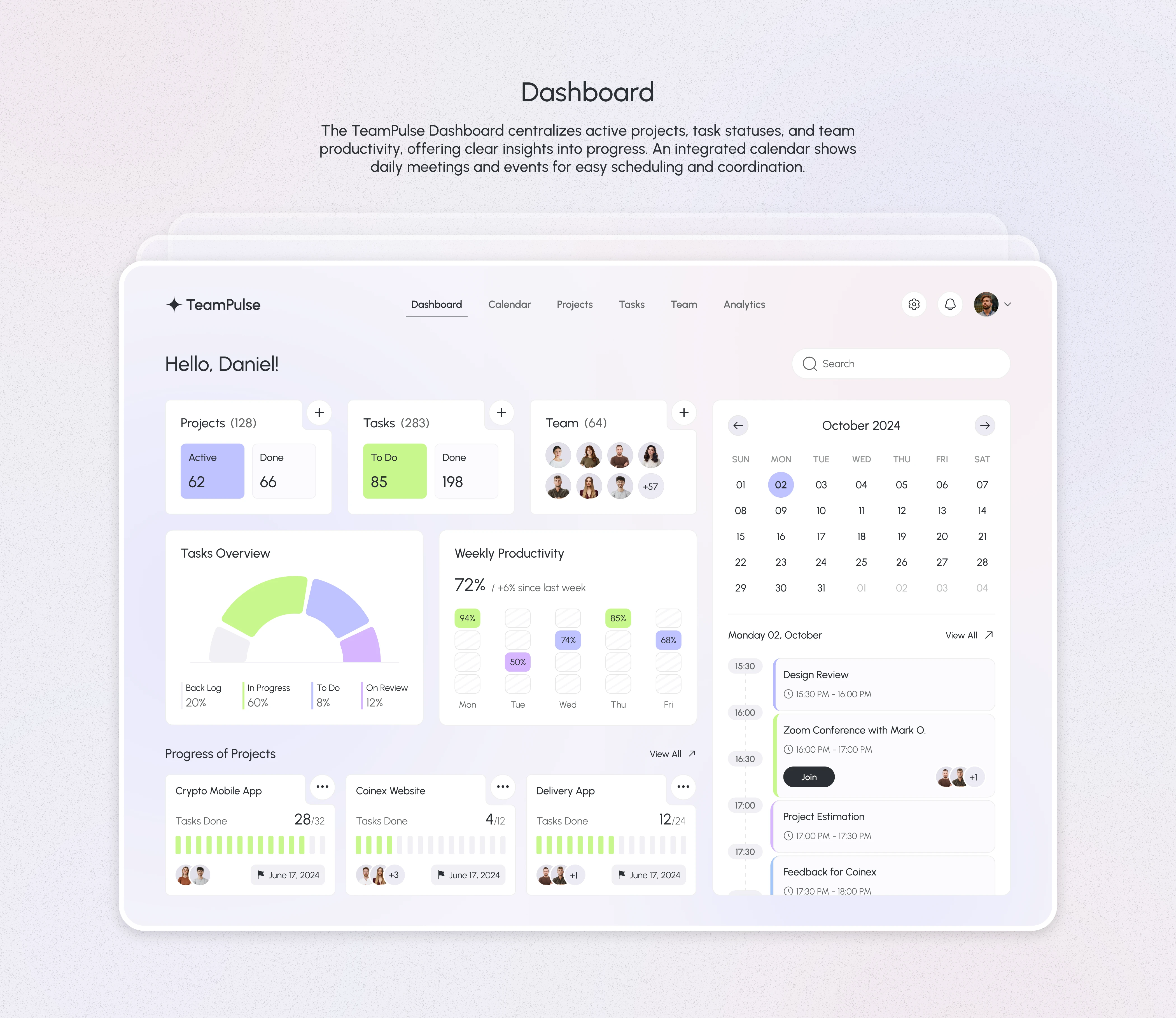 This screen displays the dashboard design, featuring a user-friendly interface with clear, organized data for efficient task and project management.
