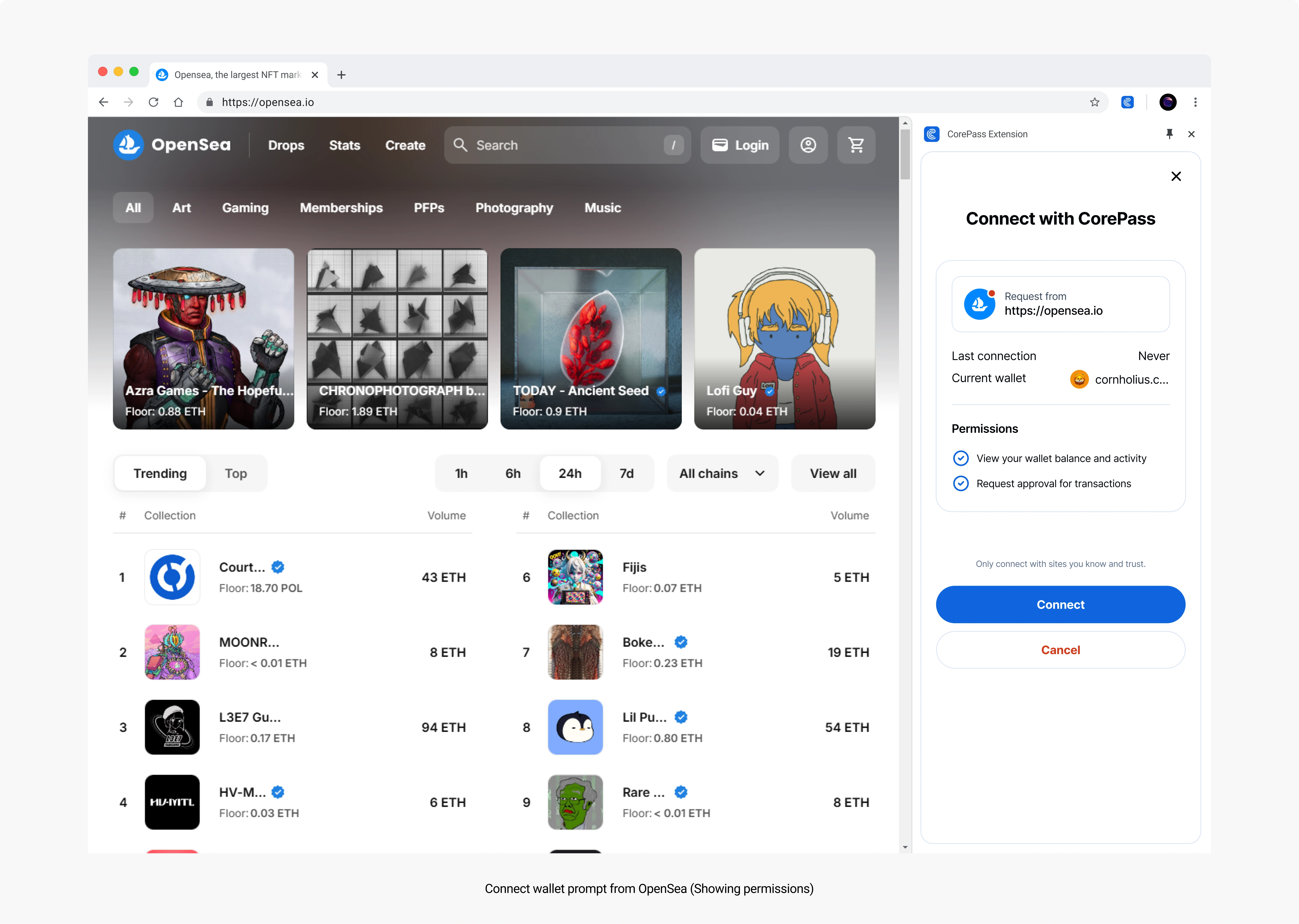 This is how connecting a wallet to a new site shows up