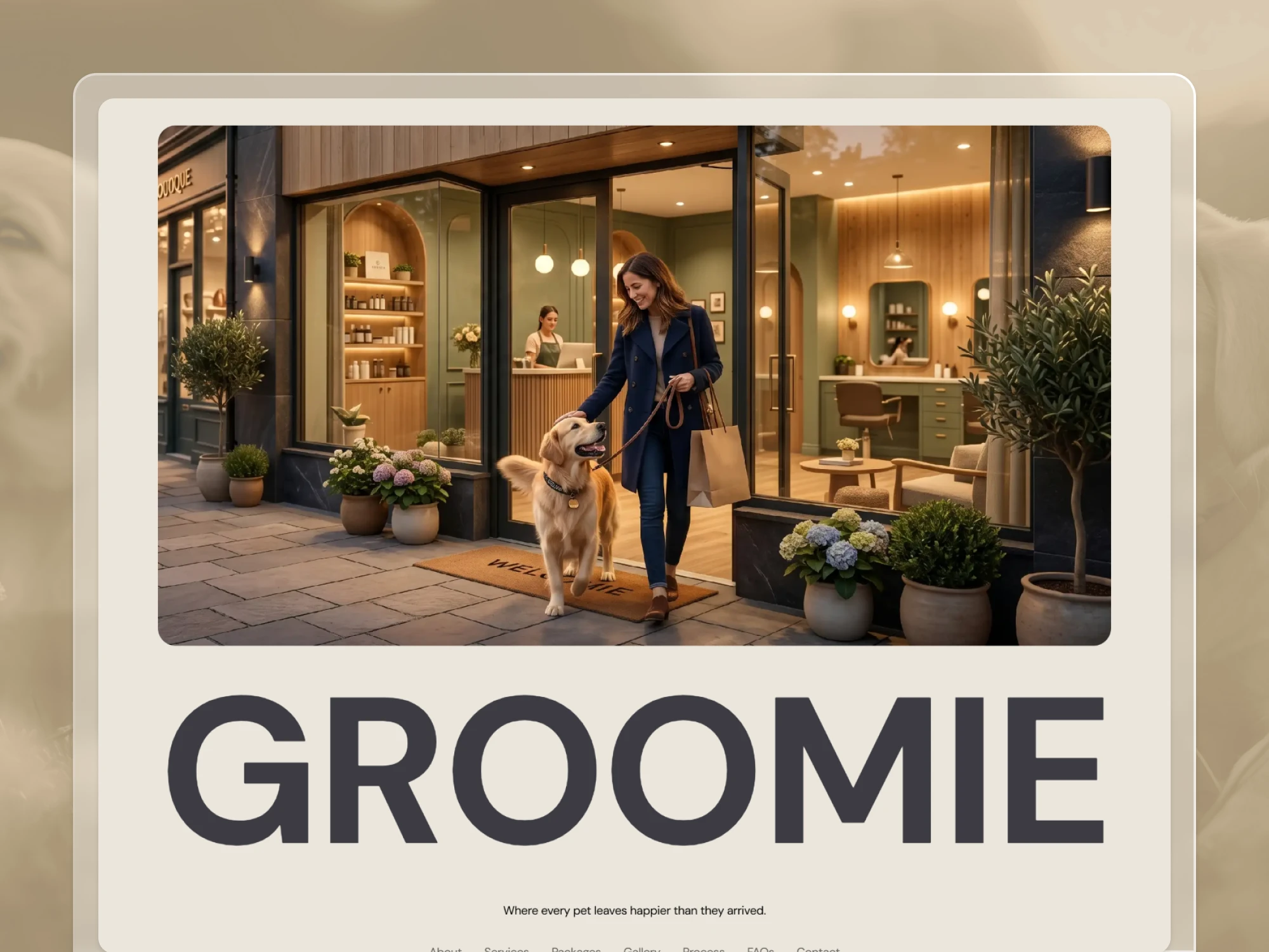A joyful woman leaving a grooming shop with her happy, well-groomed dog.
