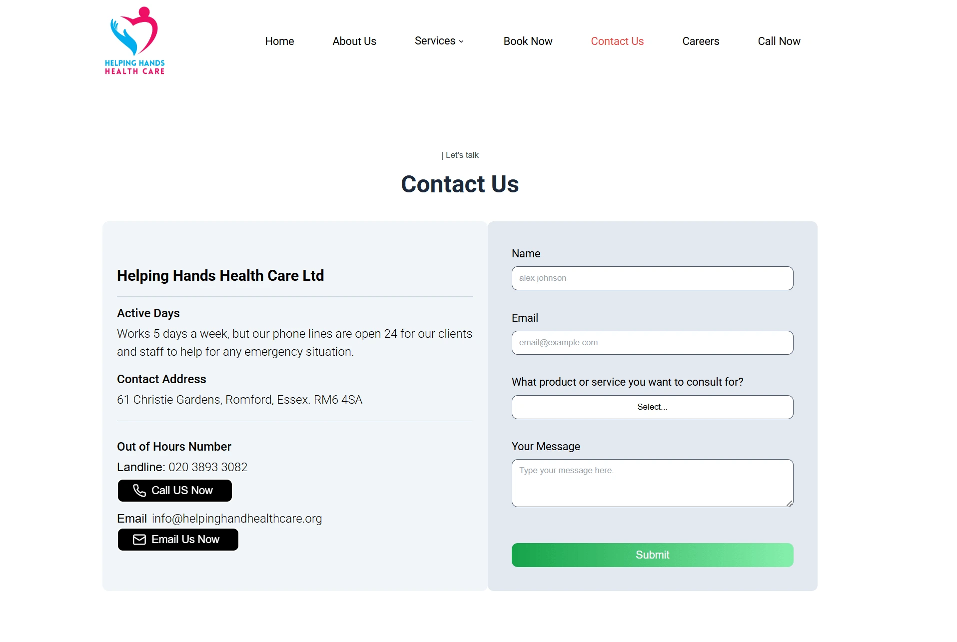 Contact Us Page - Copyright © 2025 - Helping Hands Health Care Ltd