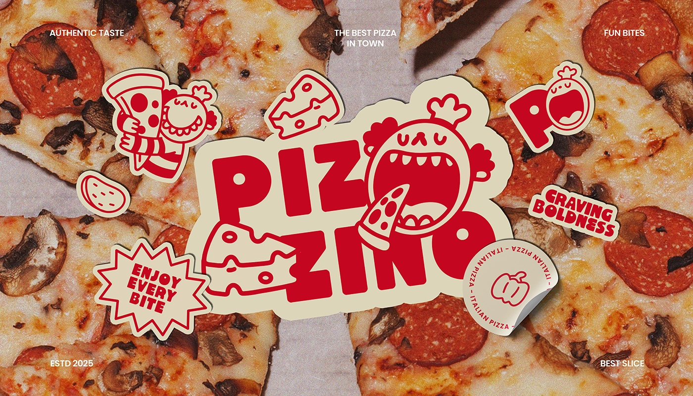 Playful pizza branding with bold red mascot and dynamic logo design for Pizzino.