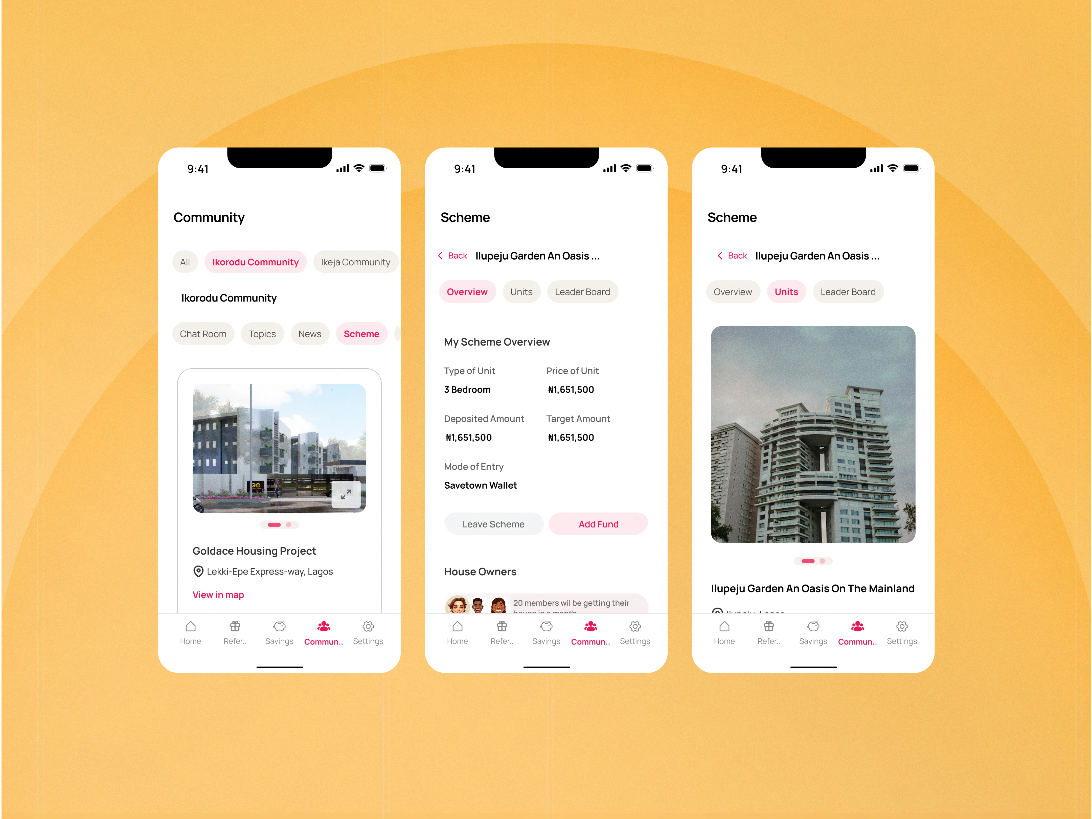 Community scheme, scheme overview and unit screen.