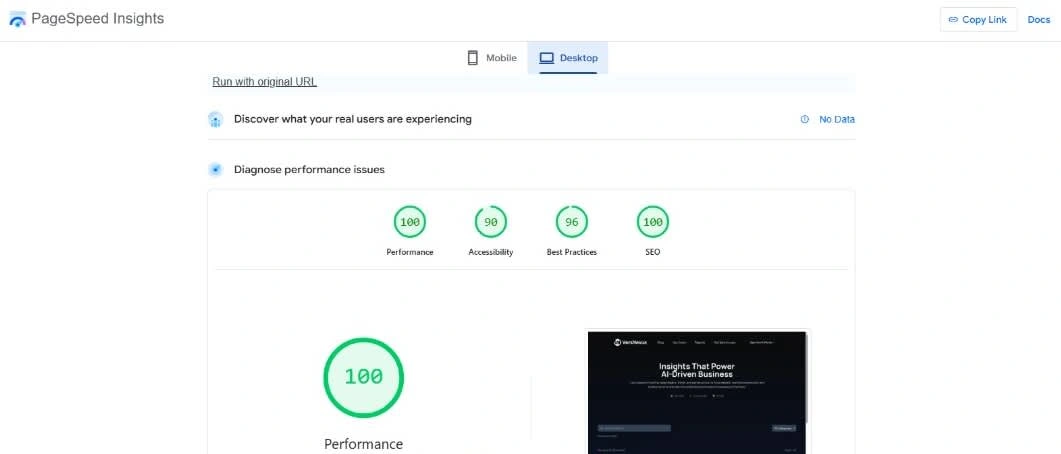 Overview of seo test Score on web 