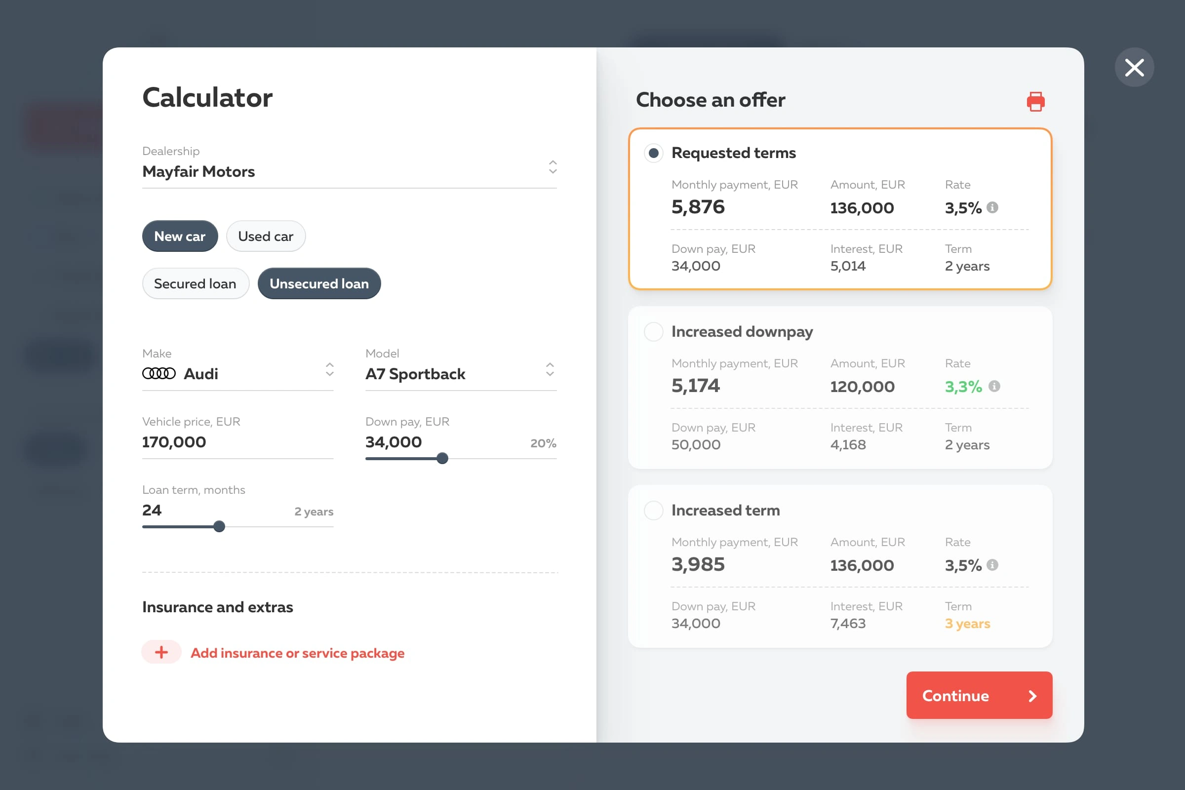 A loan calculator for estimating monthly payments and presenting tailored loan offers