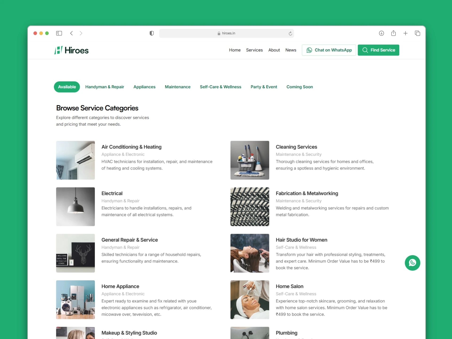 Service category page on desktop—mockup presentation