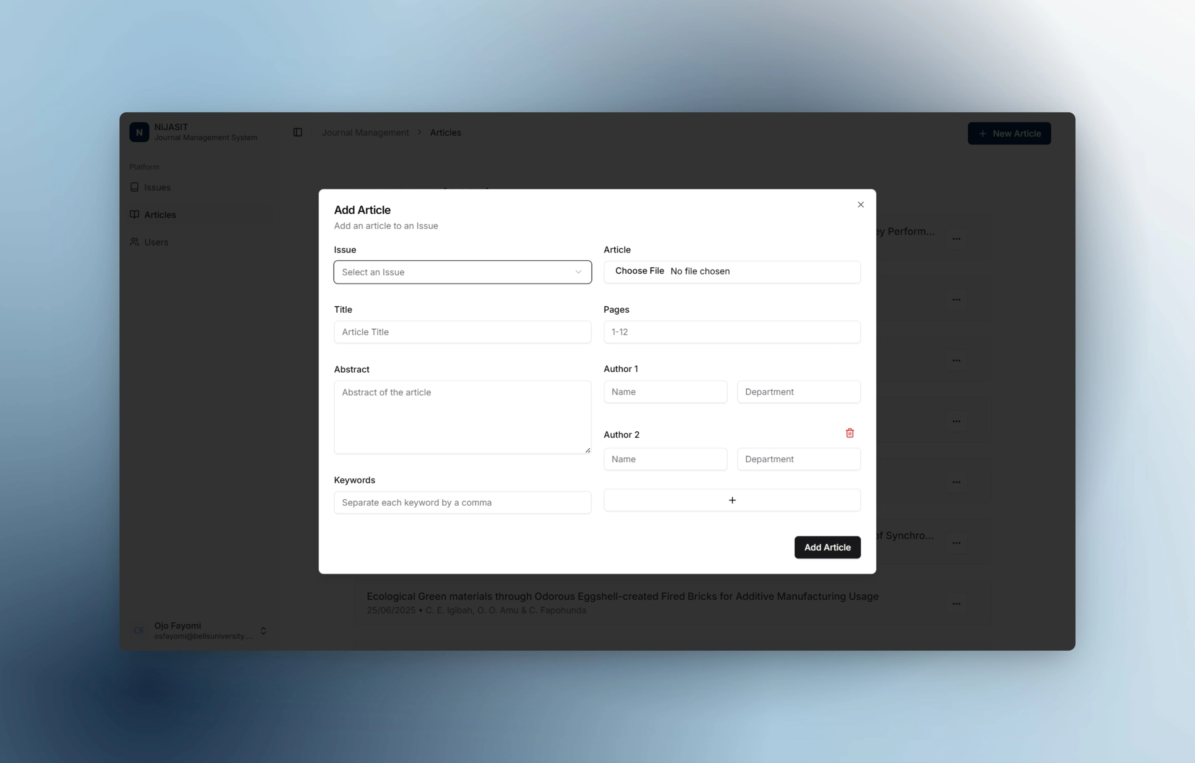 Article addition modal with custom author adder