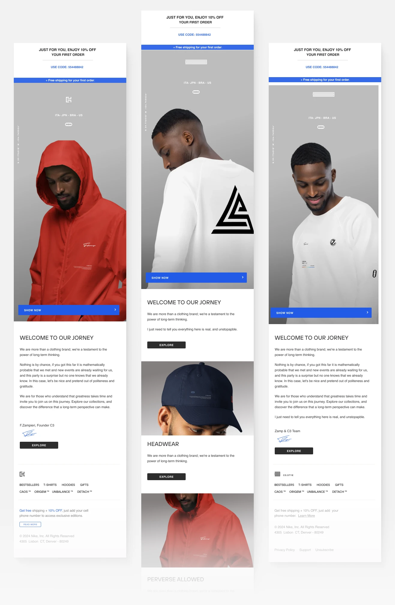 "Welcome" email options for clothing brand | C3 Style