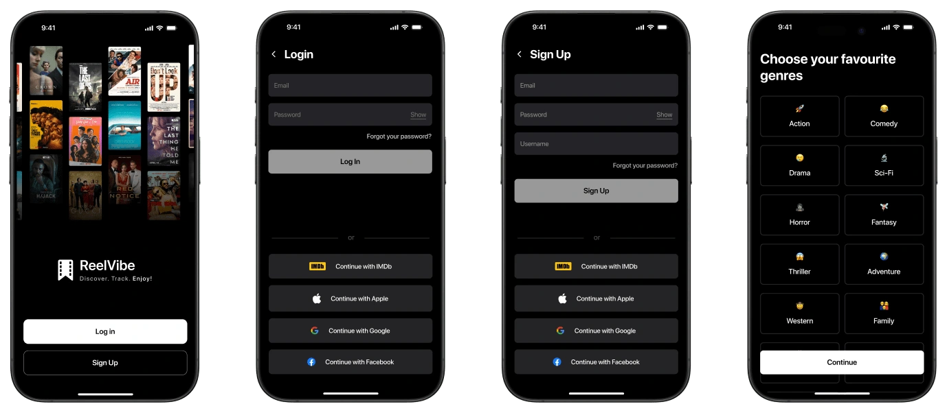 After the first launch the app suggest the user to authorize and select favorite genres.