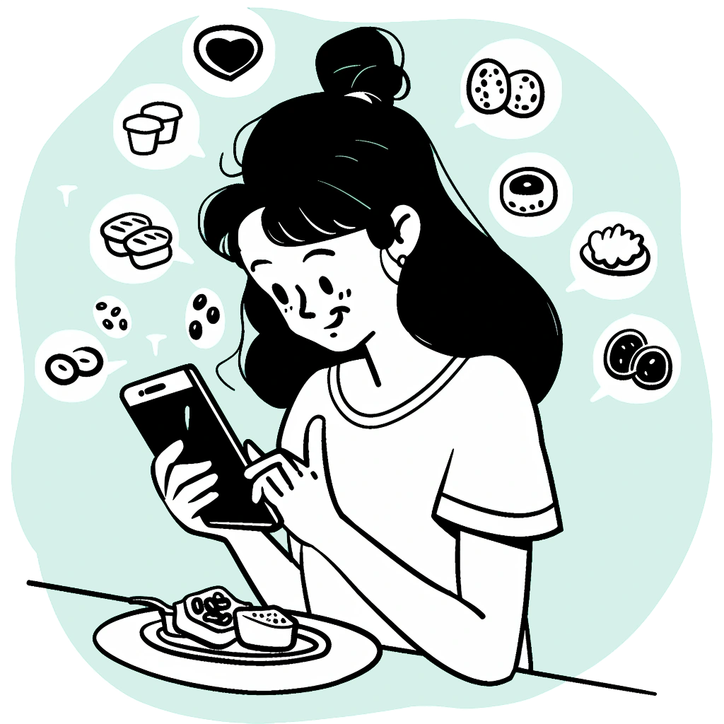 Shows a user scanning her meal to check for allergens.