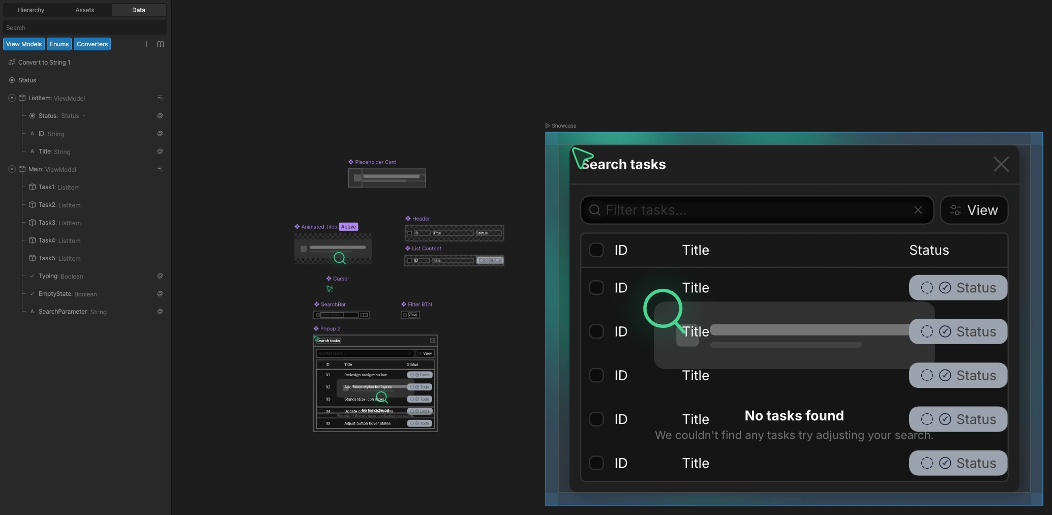 The animation setup in Rive