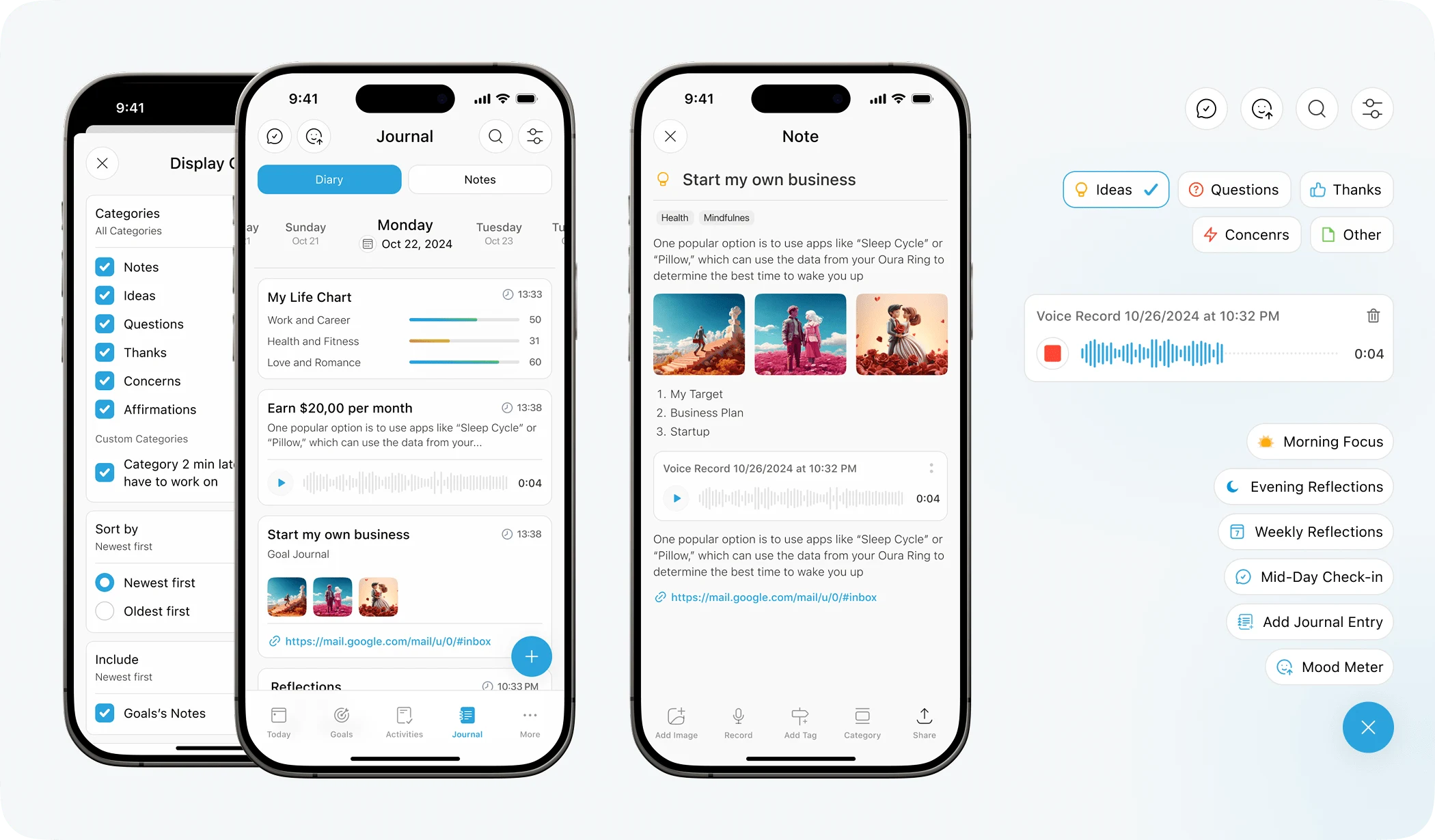 Journal Section: Enhanced with mood tracking and voice notes.