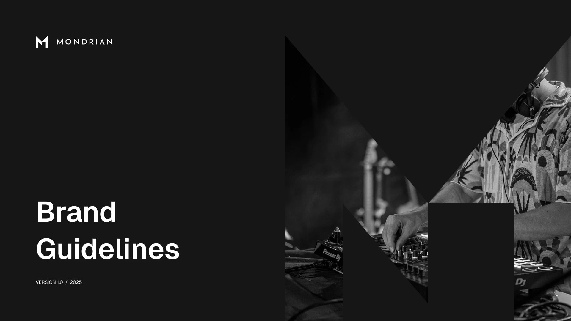 Cover page of the Mondrian brand guidelines, outlining the visual identity system for the project.