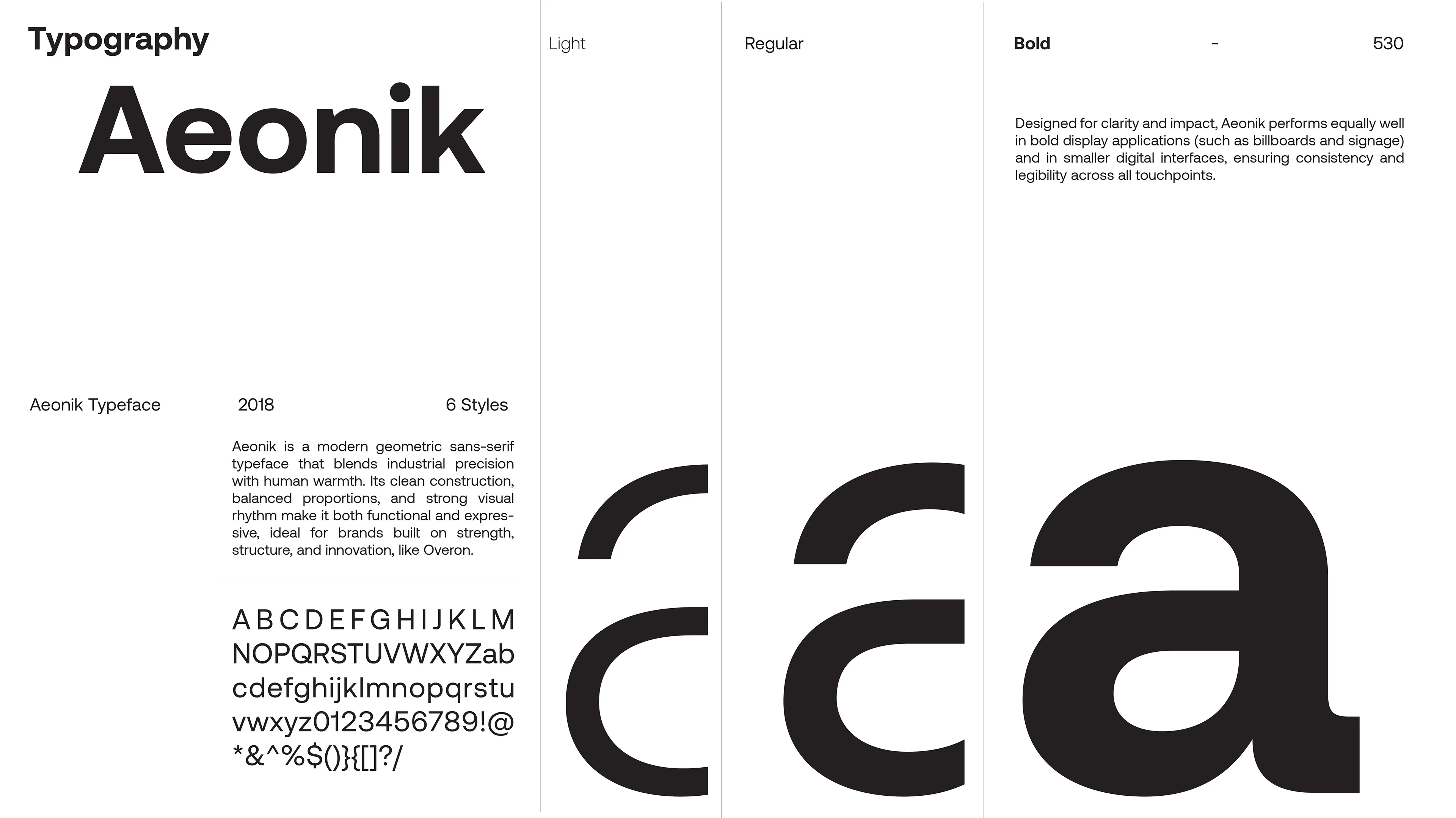 Typography: Aeonik, chosen for its geometric clarity and modern presence.