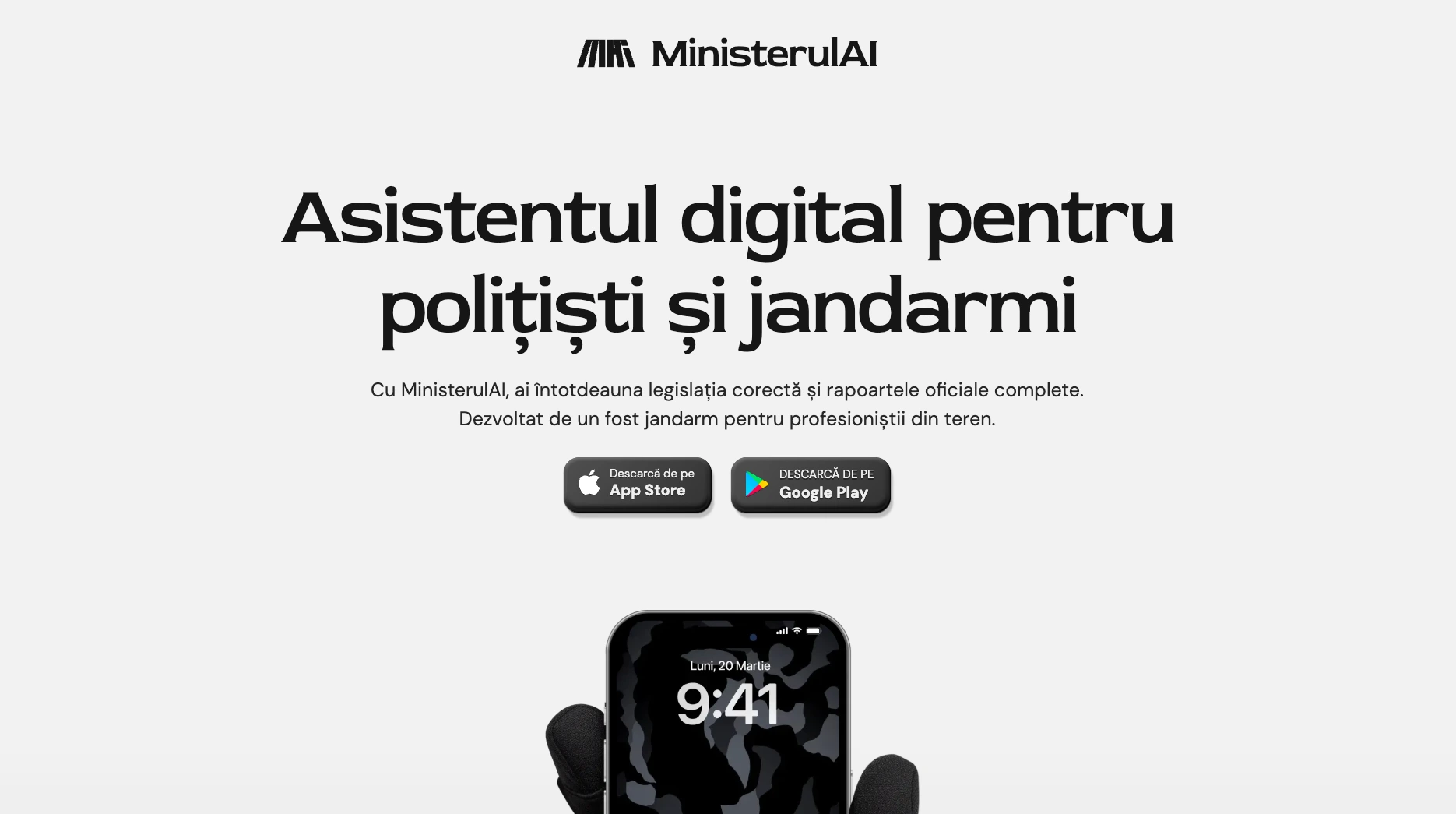 Hero layout: high-contrast headline, officer imagery, and live phone demo.

