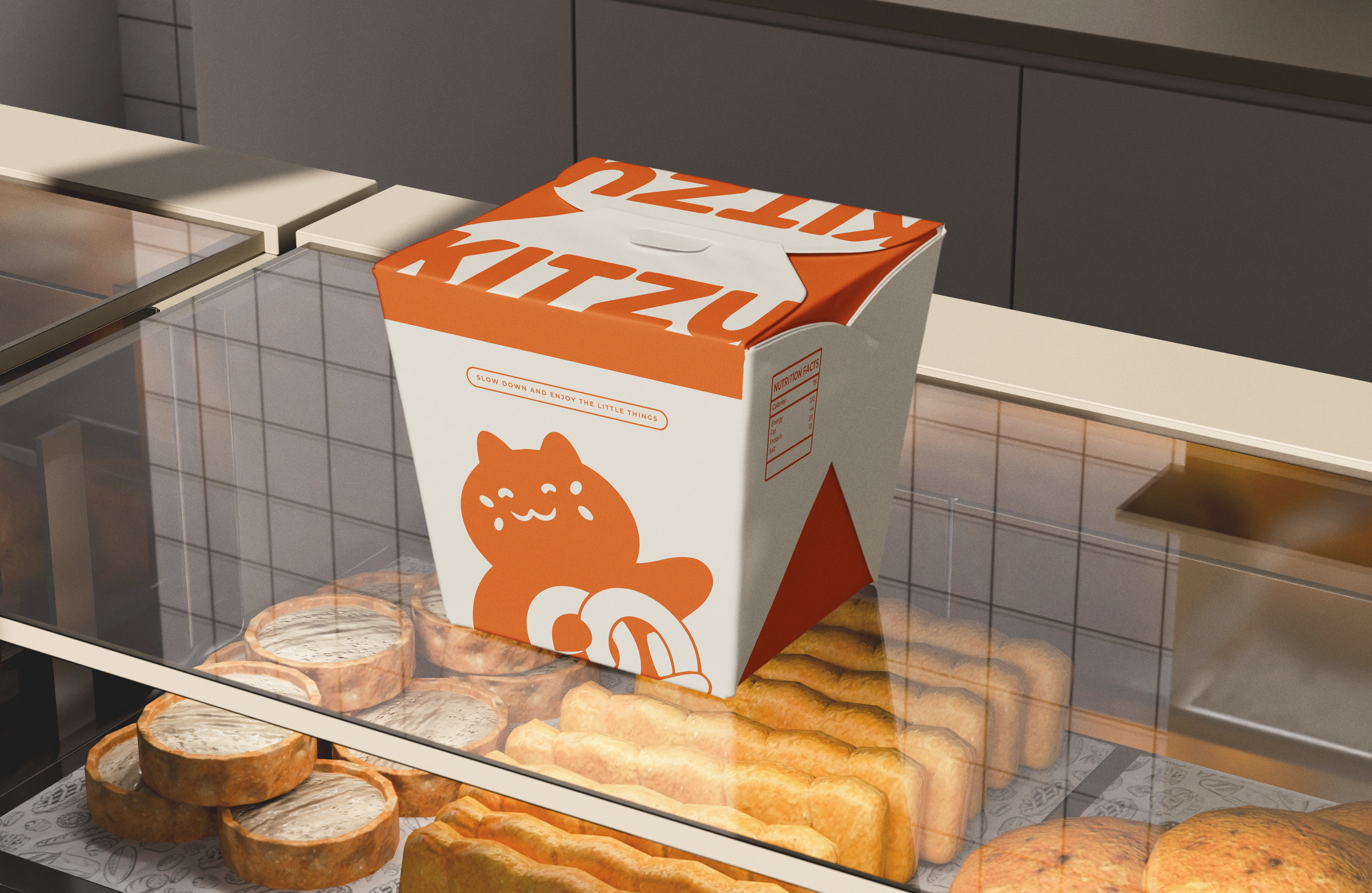 Kitzu takeaway box design with adorable orange cat mascot illustration and logo.