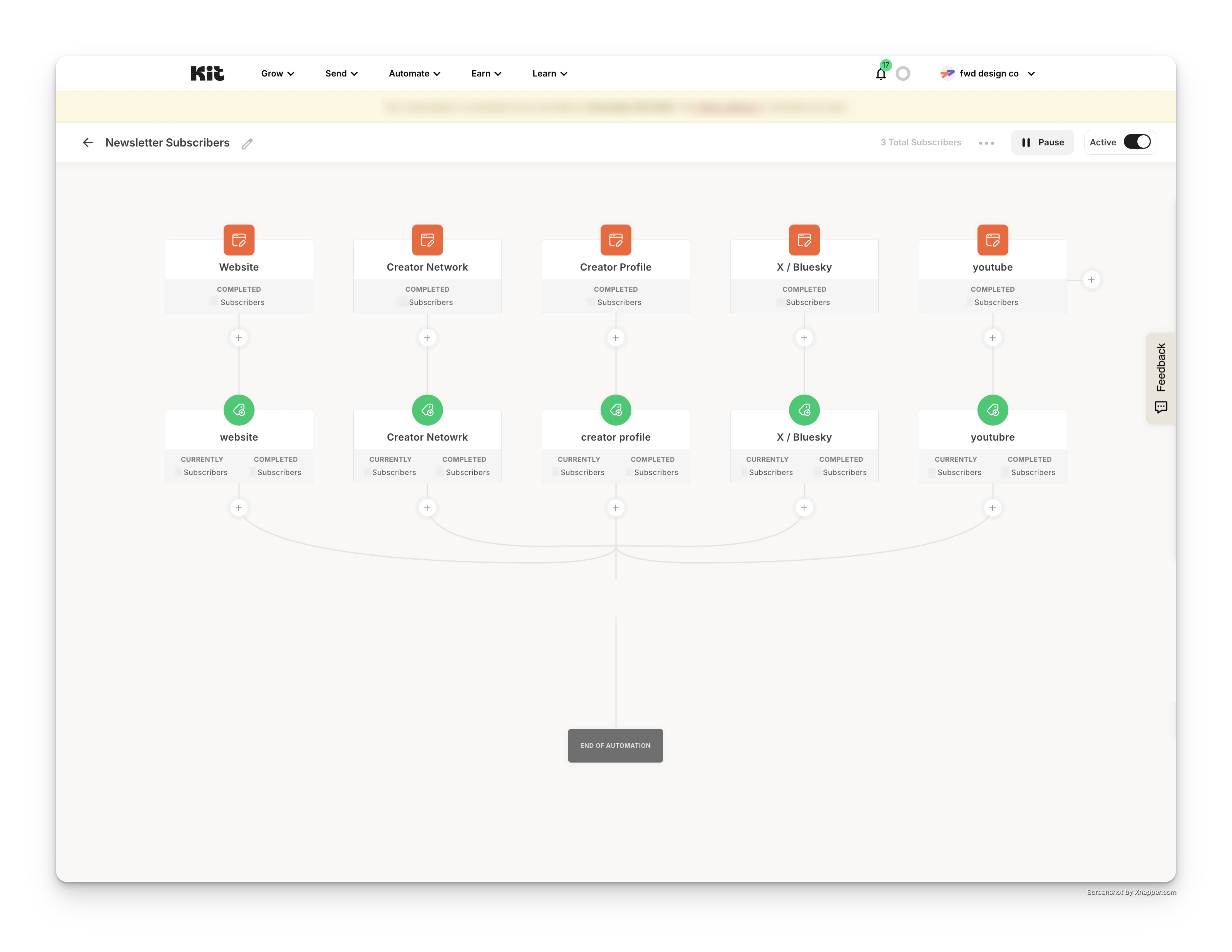Automated subscriber segmentation flow for newsletter opt-ins across website, social, and content channels.
