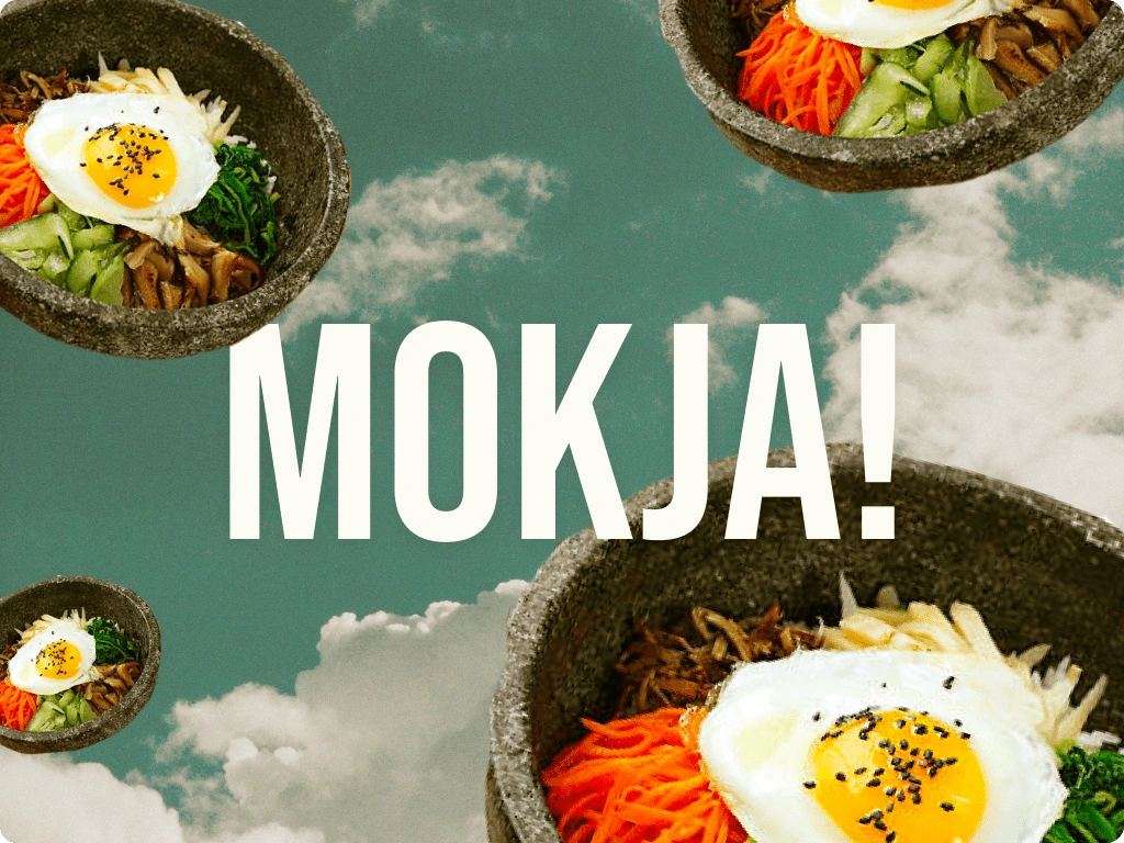 Logo Mockup with falling bowls of bibimbap. It's a miracle!