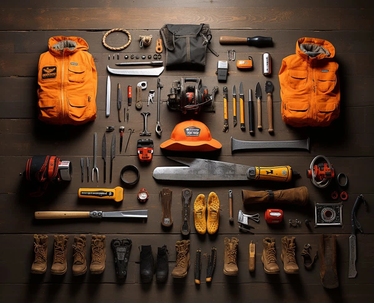 organized survival and work gear with orange accents