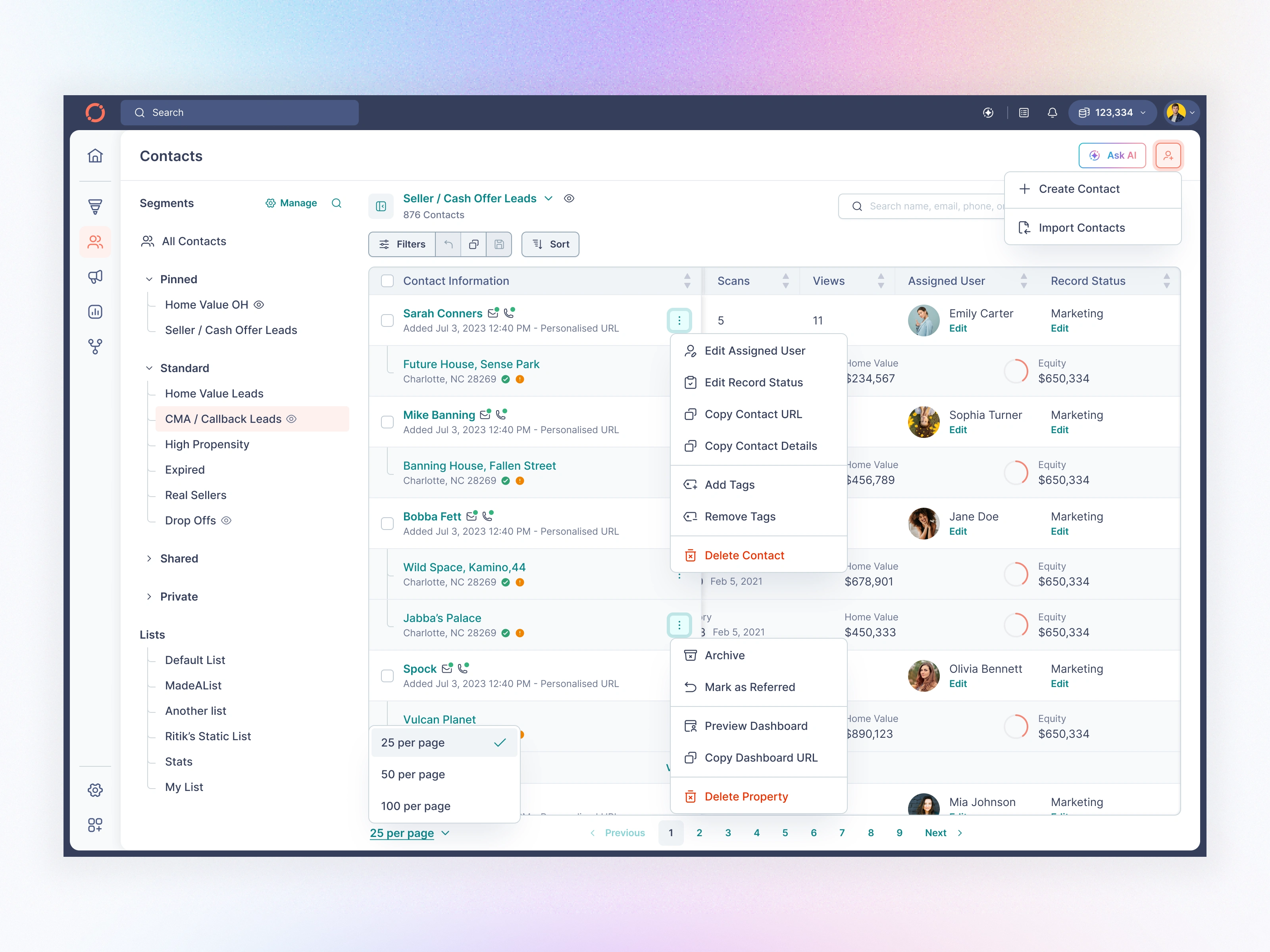 Contact Page with Menu Options