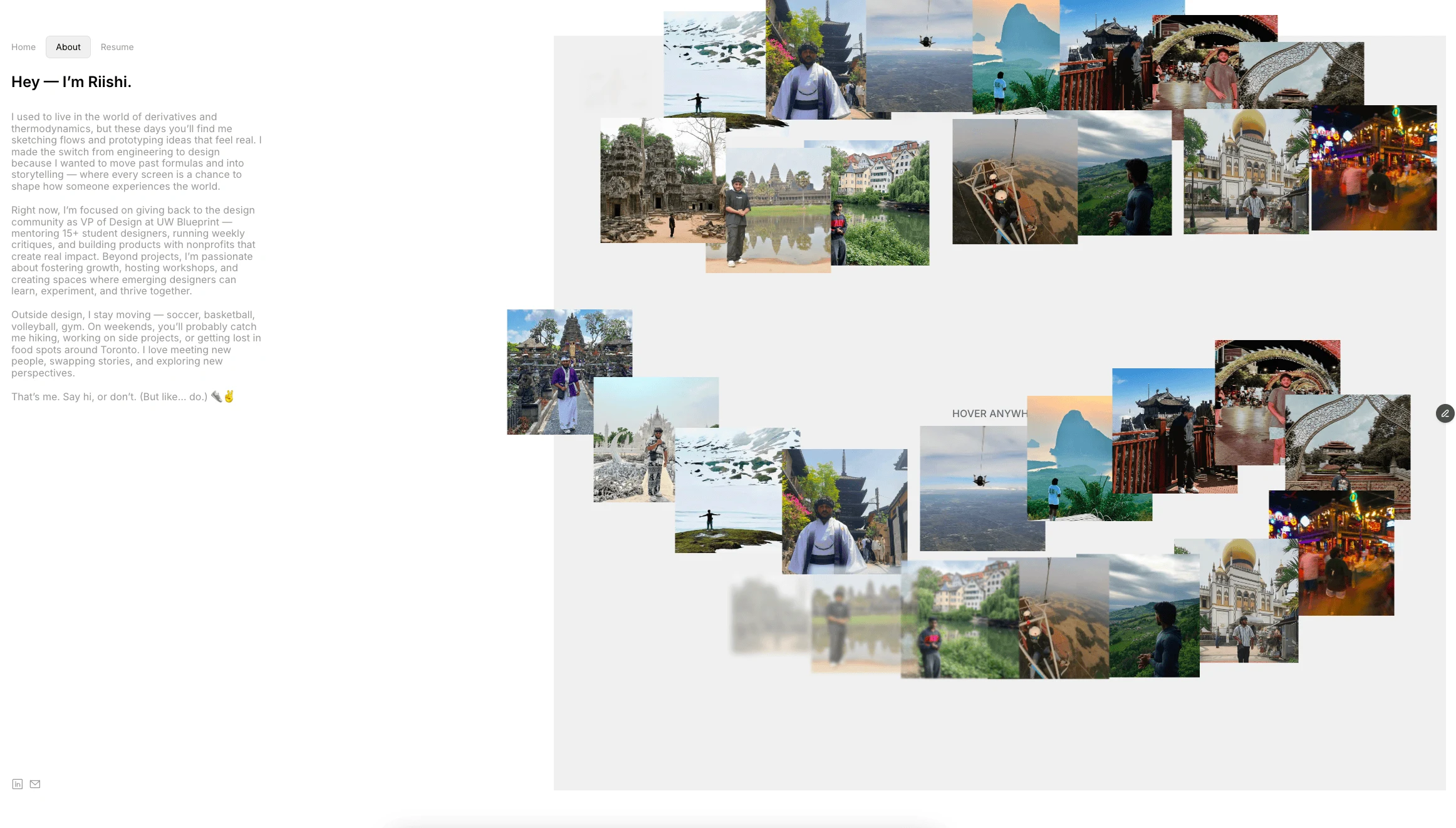 About Page with custom hover trail effect