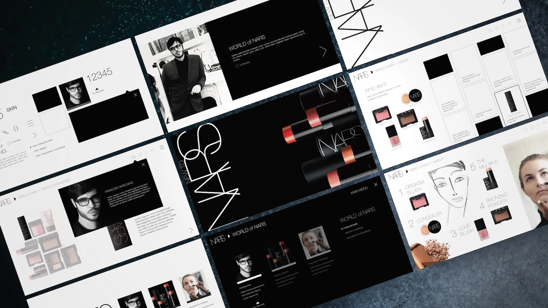 NARS Cosmetics e-learning module interface design showcase displaying multiple screen layouts on dark blue textured background, featuring product training screens, founder biography, makeup technique tutorials, and interactive quiz elements designed by Chadd Weston.