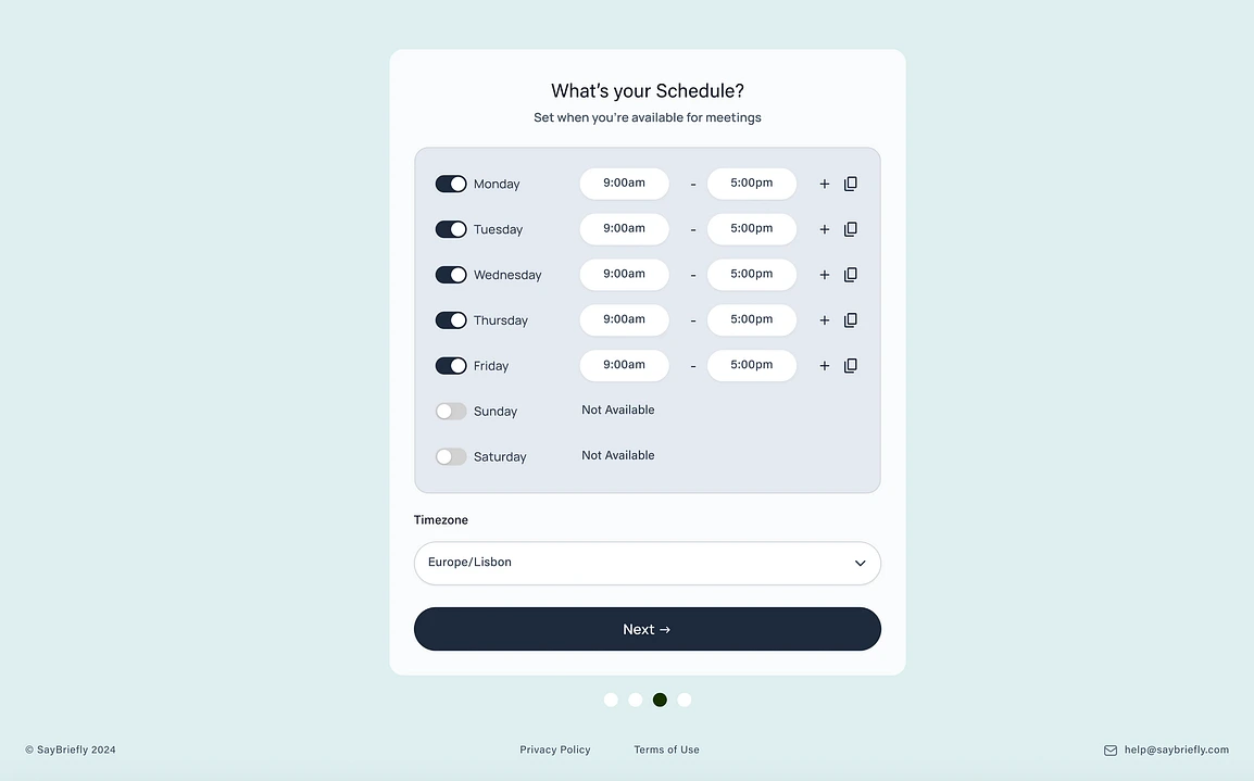 After
 signing up, the user defines their core availability. I designed this 
simple, intuitive interface to make it easy for users to set up their 
meeting schedule, which is a foundational step for the platform’s AI.