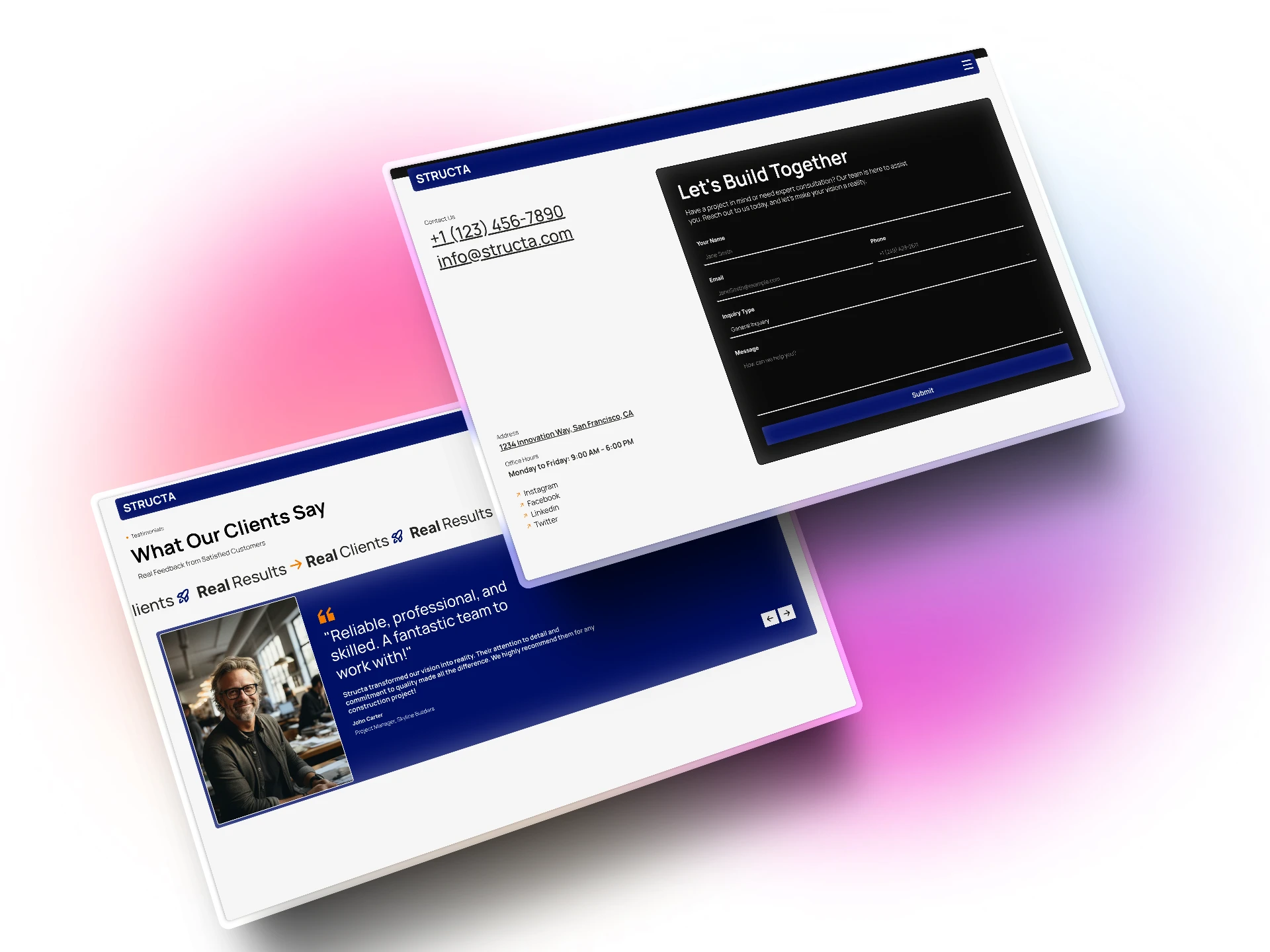 Testimonials Section & Contact Us Page