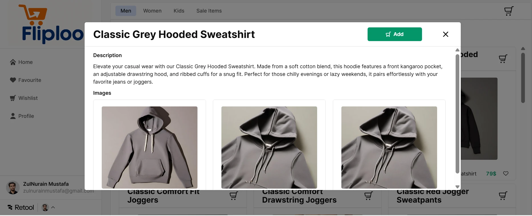 “Product detail modal with multiple images, description, and add to cart''