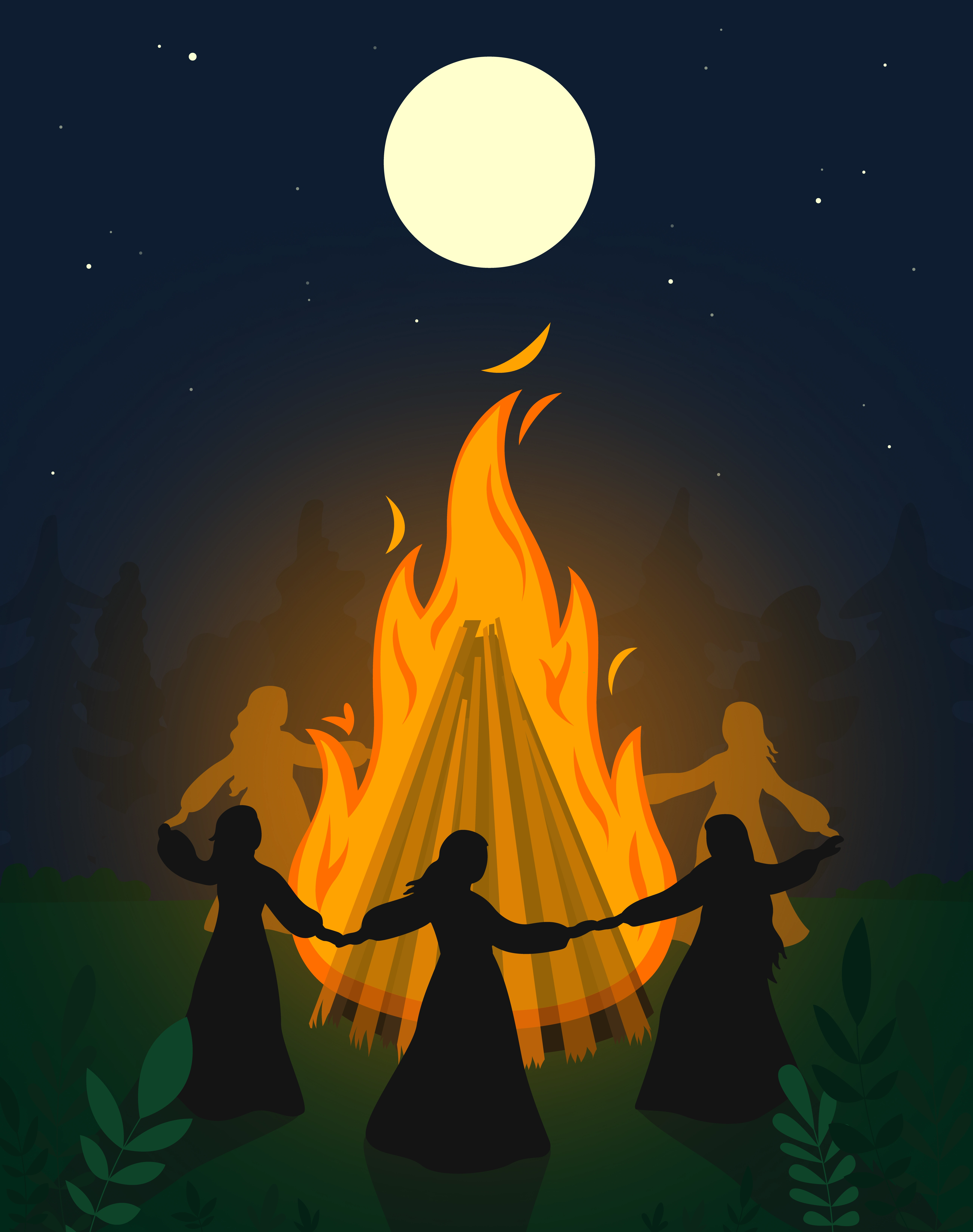 Illustration inspired by Ivan Kupala Night — an ancient Slavic midsummer celebration. It depicts the traditional round dance around the bonfire, a ritual symbolizing purification and unity with nature.