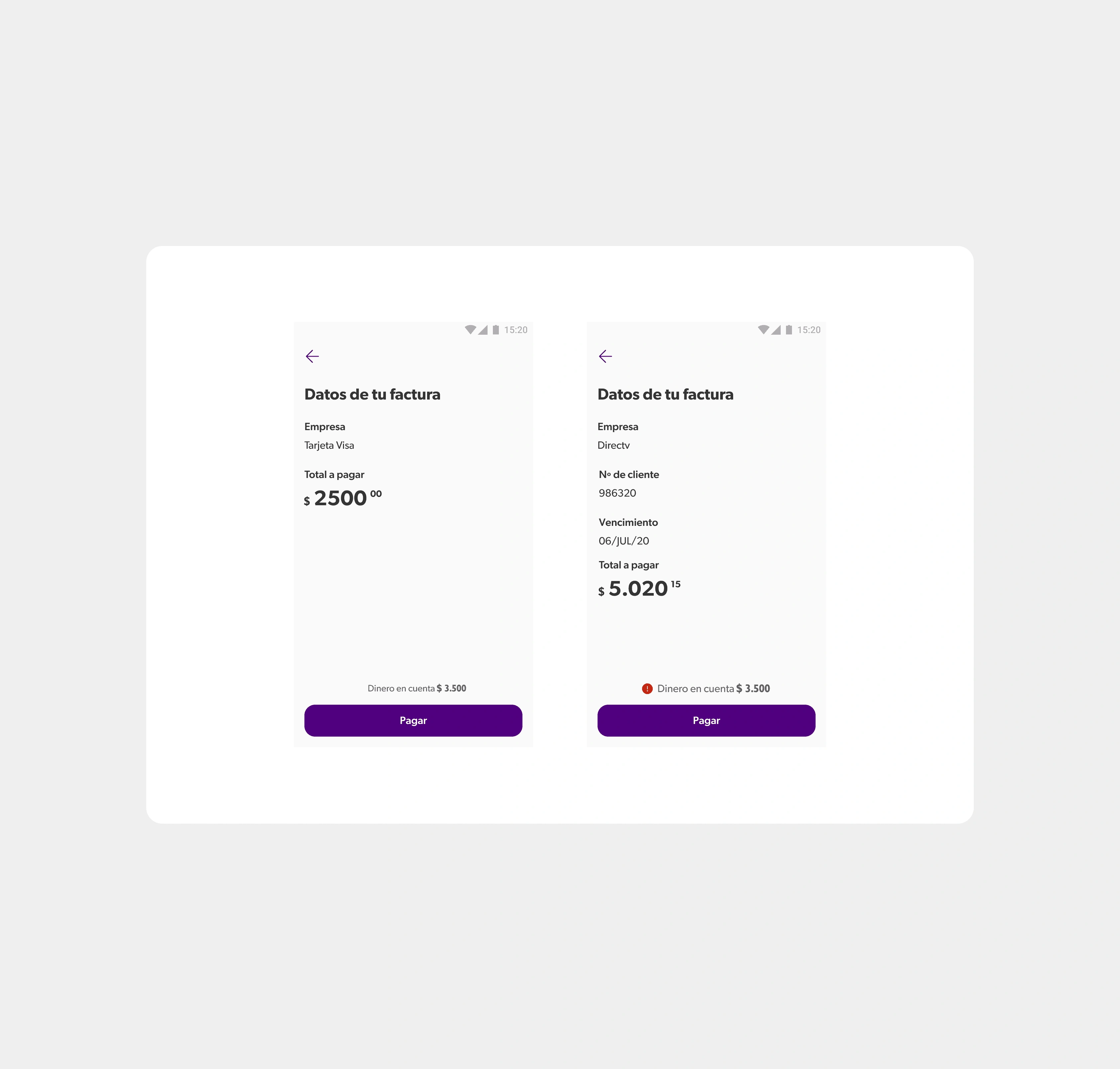 Dynamic bill previews with balance visibility
Based on each service’s data requirements, the preview adapts accordingly. We also included the user’s current balance at the top—so they don’t have to leave the flow just to check how much money they have