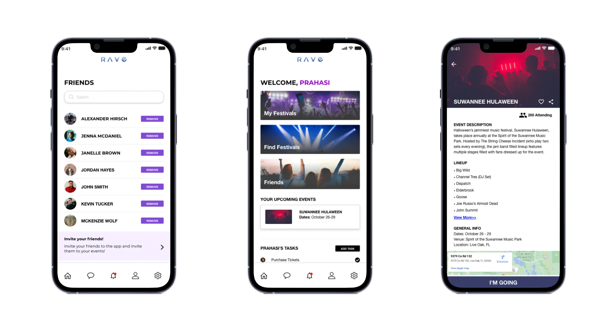Connect with friends, home page and event details page.