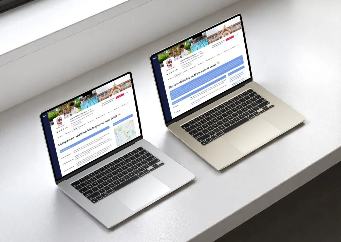 School Profile Design
A detailed, easy-to-navigate layout that presents essential school information in digestible sections. Designed to help parents quickly compare key details and explore deeper content without feeling overwhelmed.