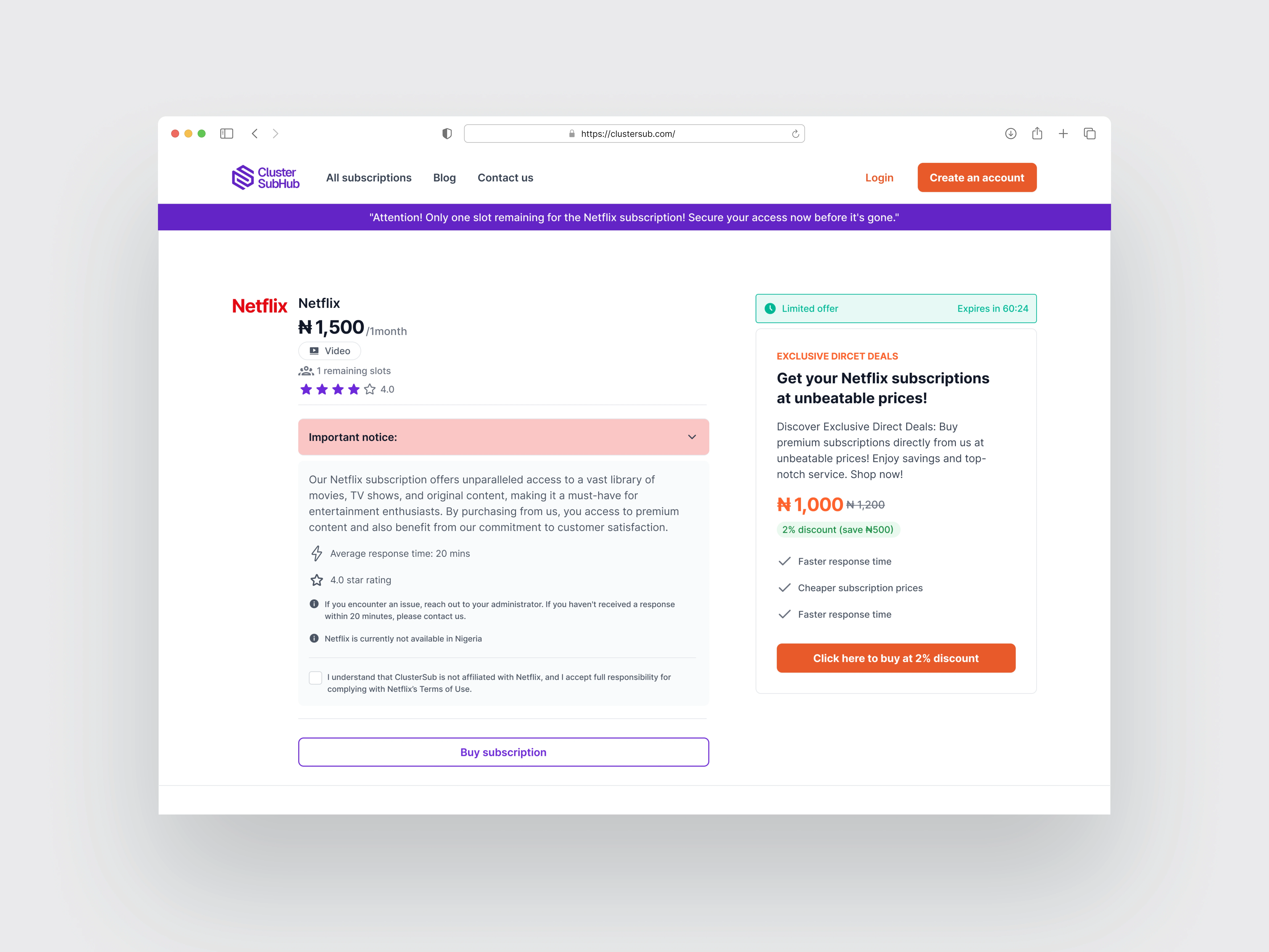Subscription Details Page