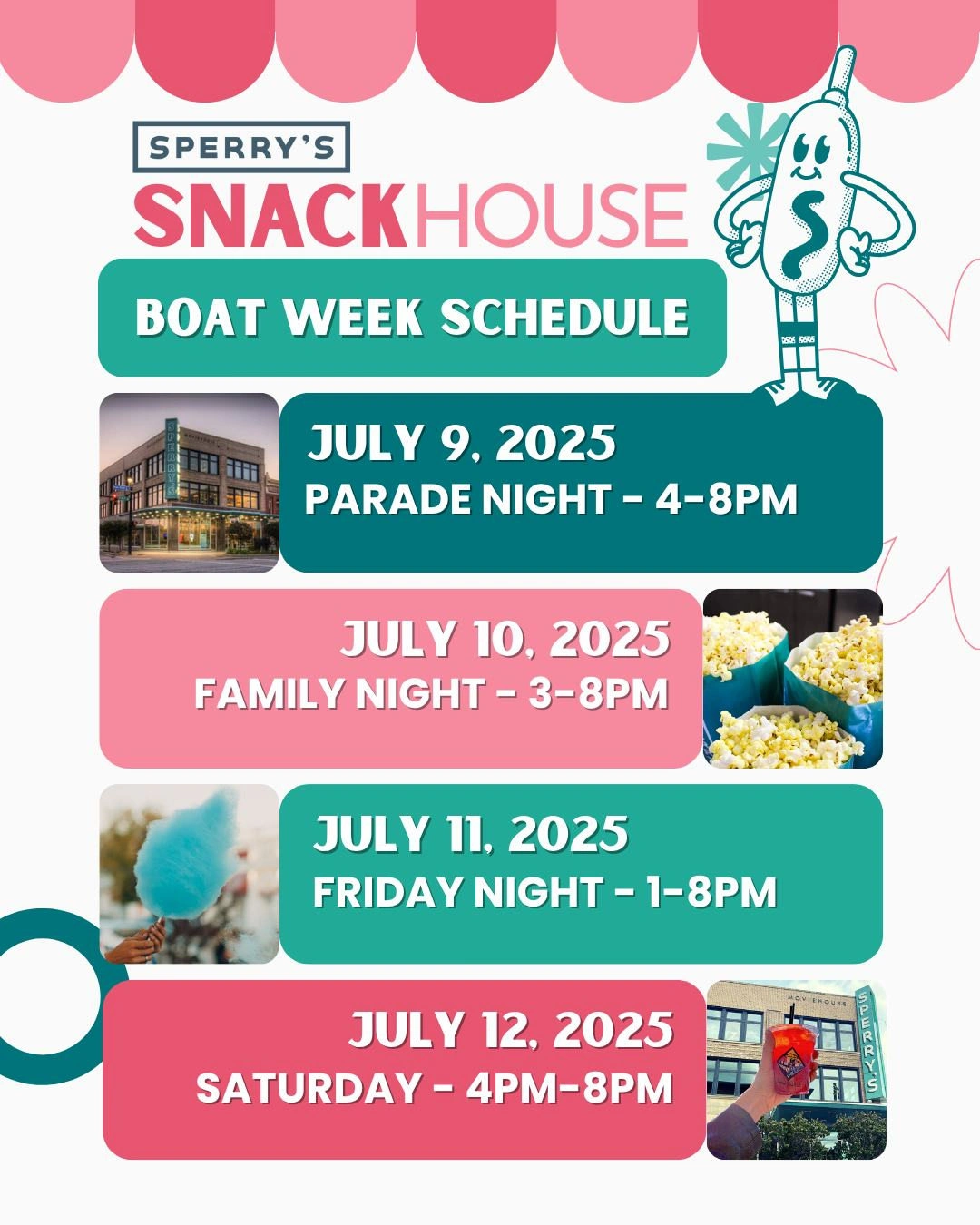 SnackHouse Boat Week schedule
Created event marketing materials to communicate multi-day schedules in an engaging, accessible format.