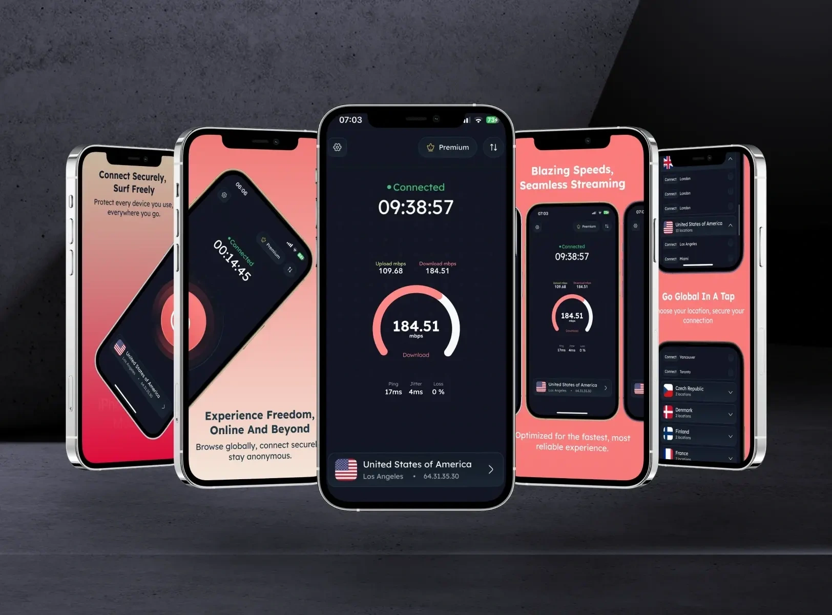 Intuitive, minimal, and bold. The core experience focuses on instant connection and real-time network feedback.