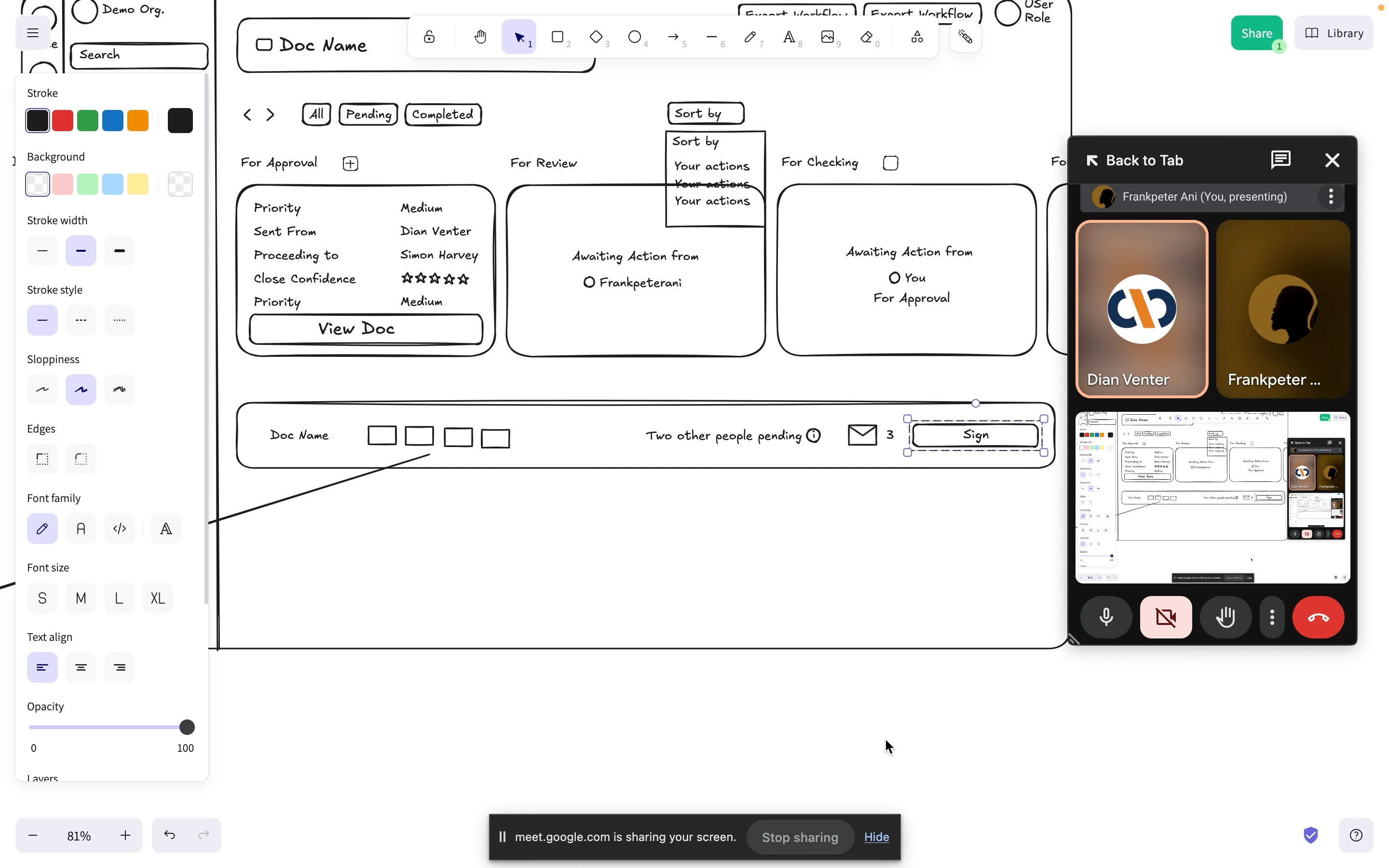 Low fidelity demo approval. Workflow using excalidraw
