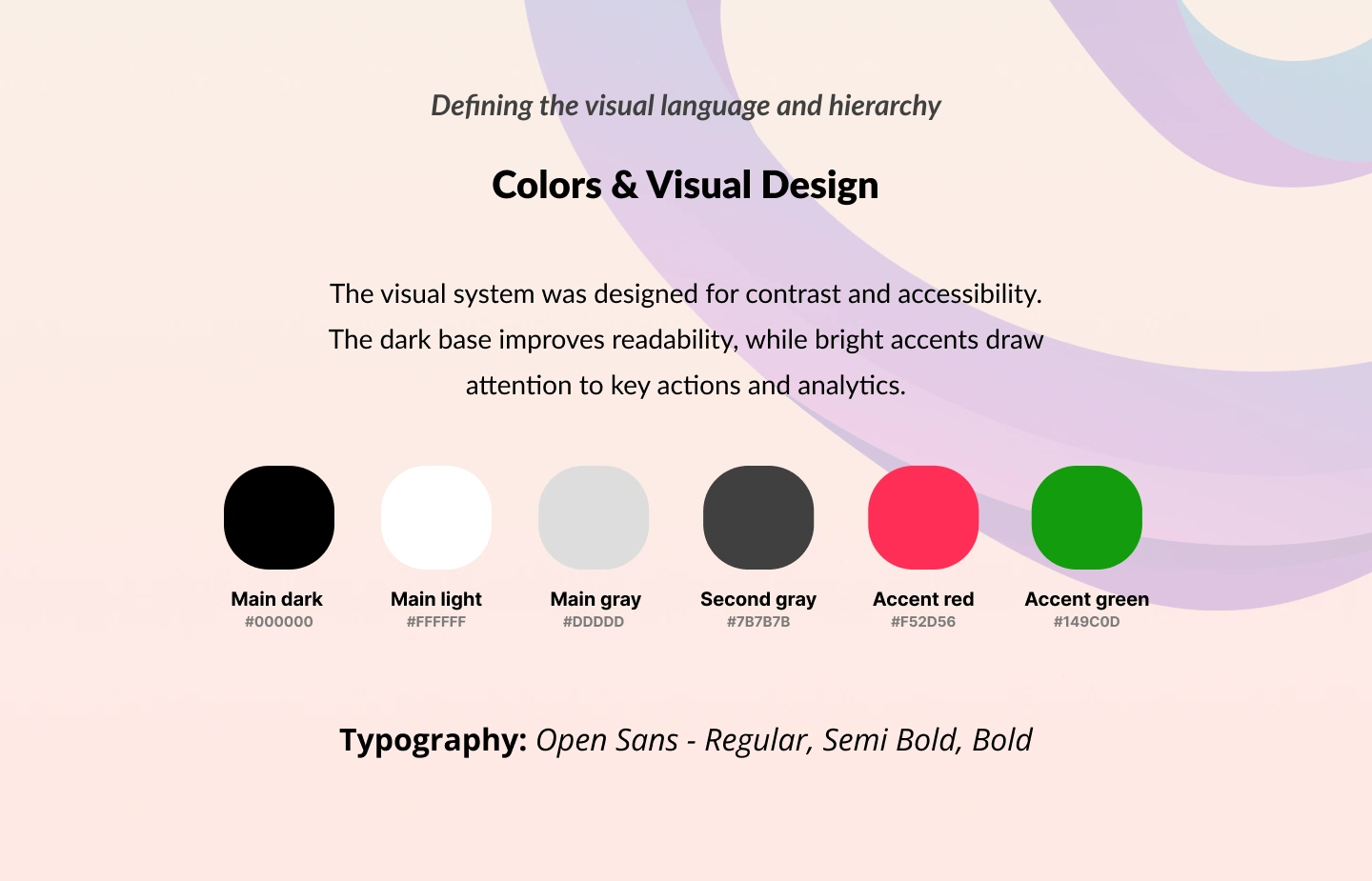 Visual system defining main colors, accents, and typography choices to support contrast, readability, and visual hierarchy.