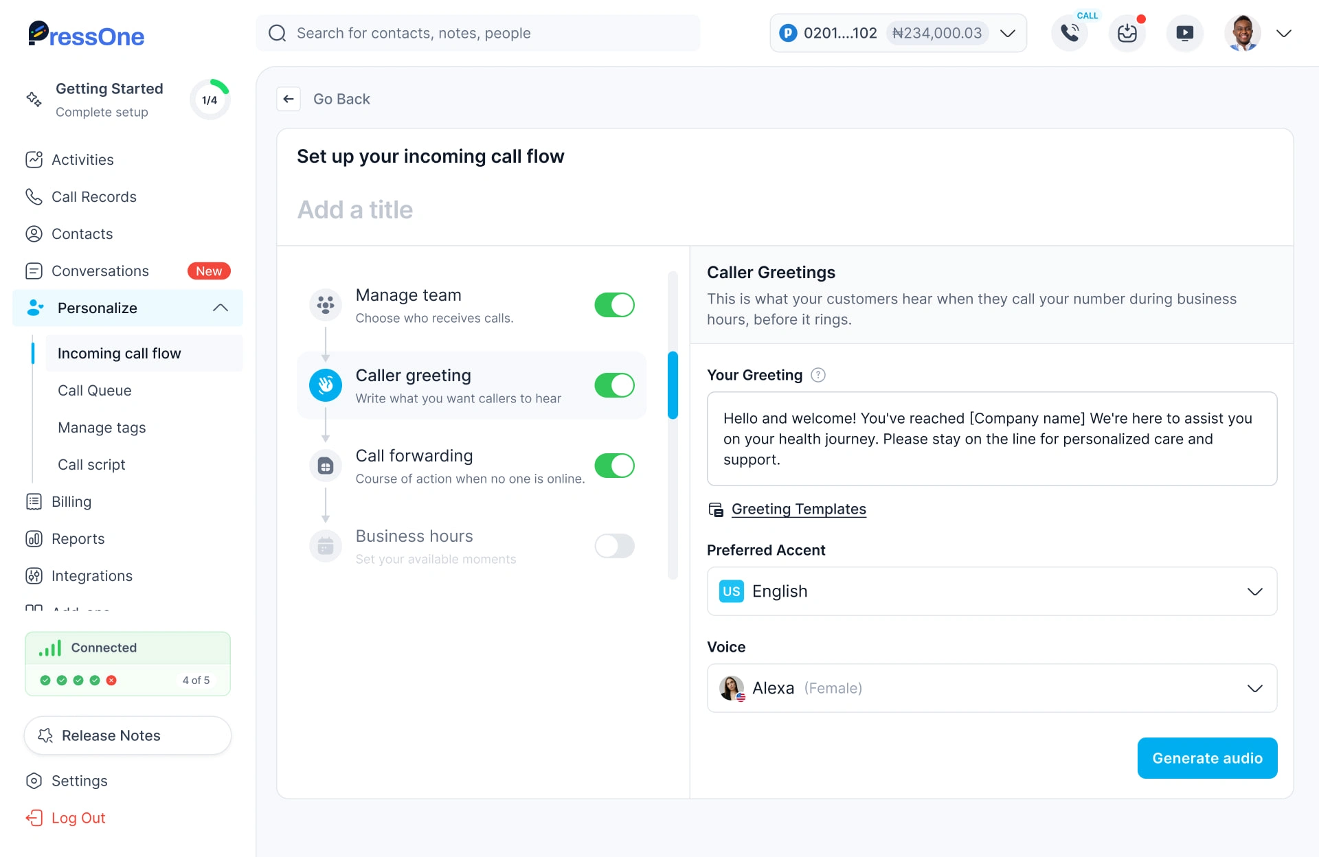 Setting up welcome greeting