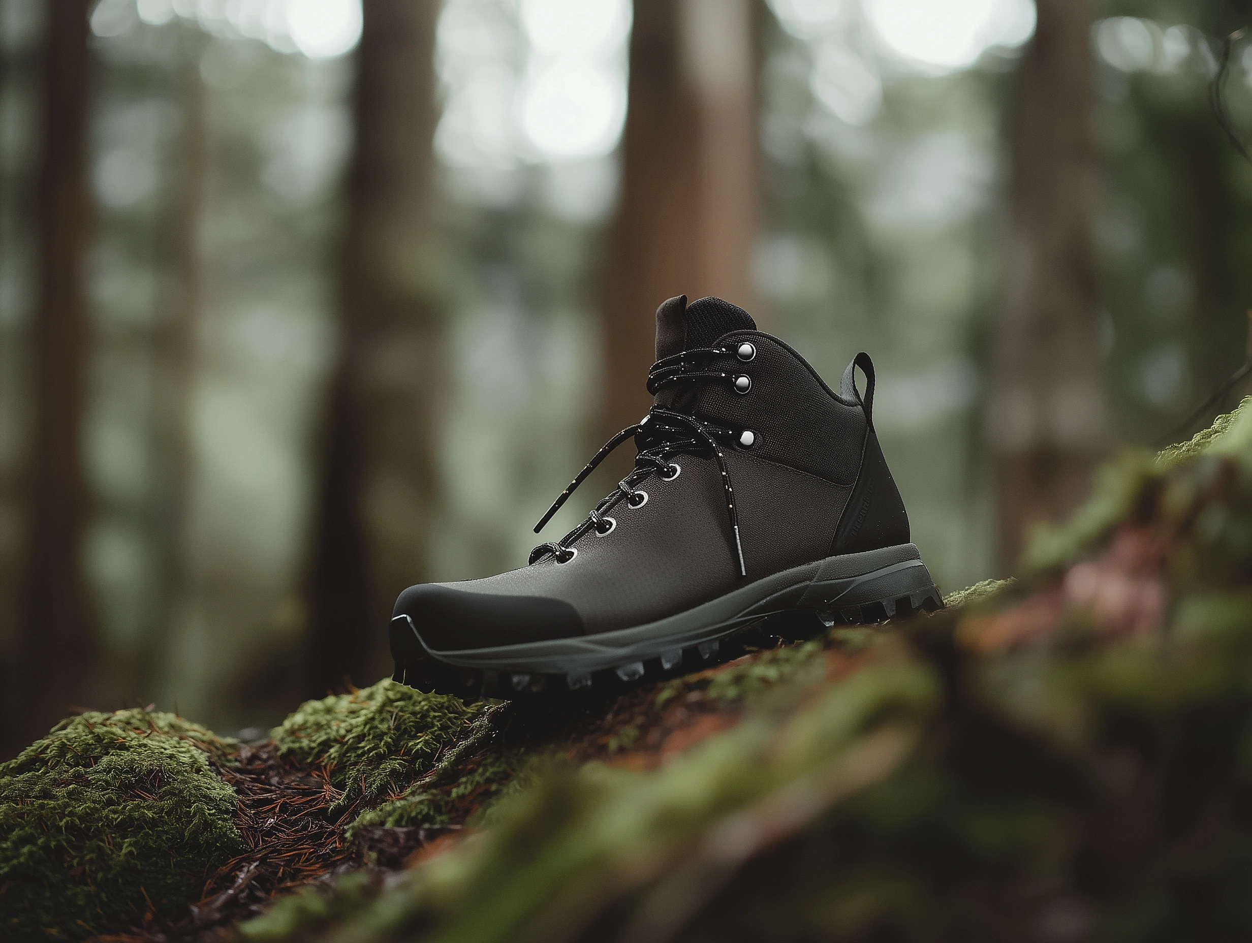 Waterproof hiking boots from Trail Master collection featured against moss-covered rocks. Dappled forest light highlighting durable materials and technical features. Hidden Forest color scheme emphasizing brand identity with deep green and stone gray accents. Professional outdoor photography with adventure-ready composition and perfect focus on tread pattern. Negative prompt: clean studio environment, artificial props, unnatural lighting, urban setting, pristine condition, fashion styling, indoor feel, sterile background