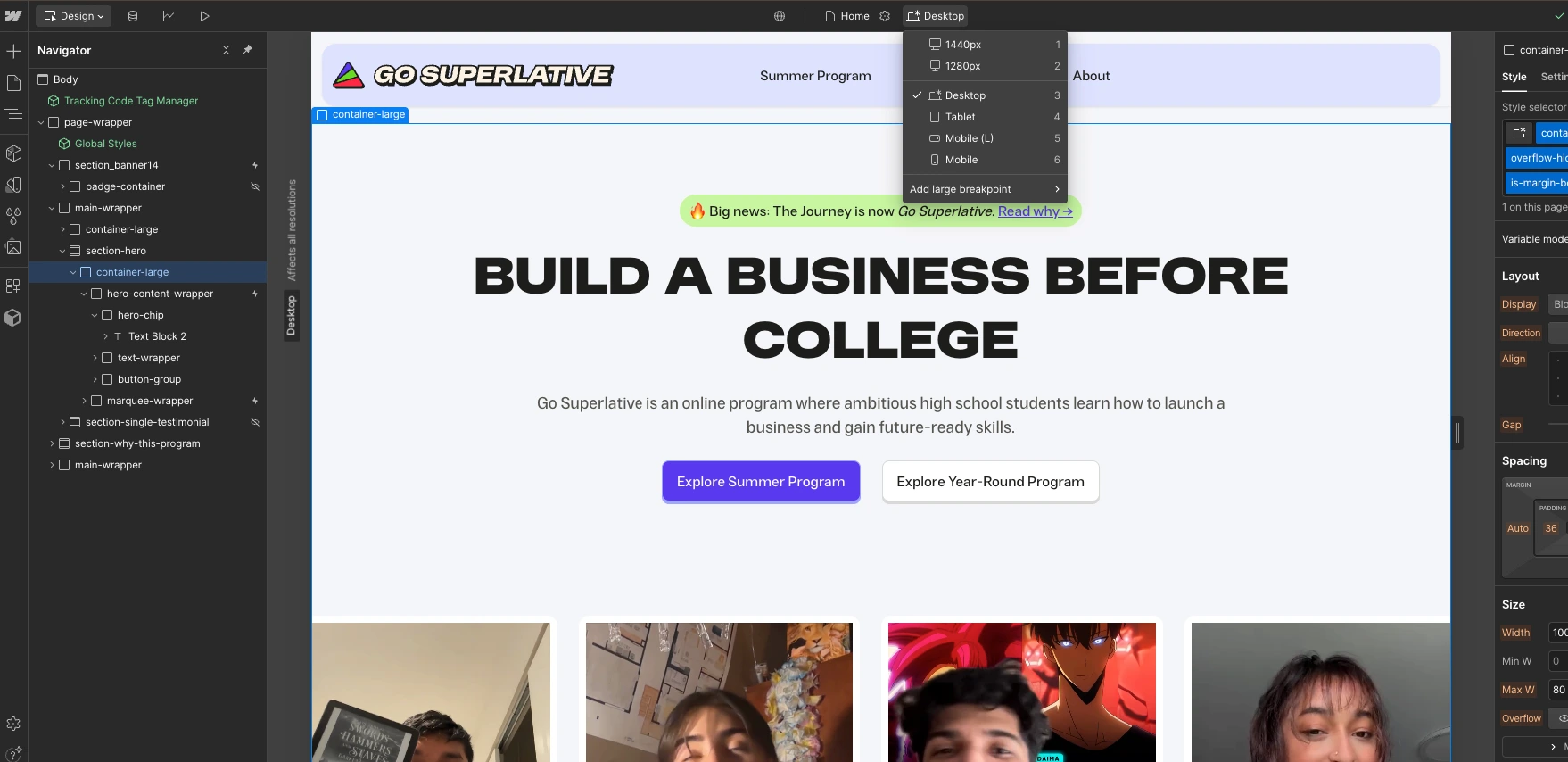Webflow development with all custom layout
