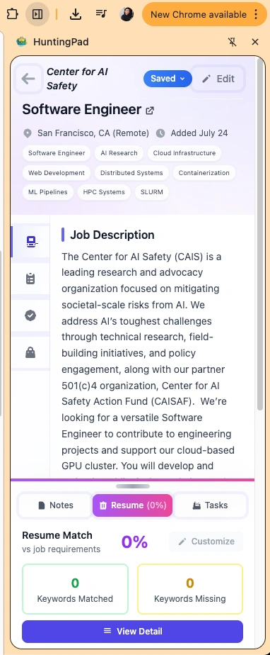 Focused view of the side panel of clipped job posting