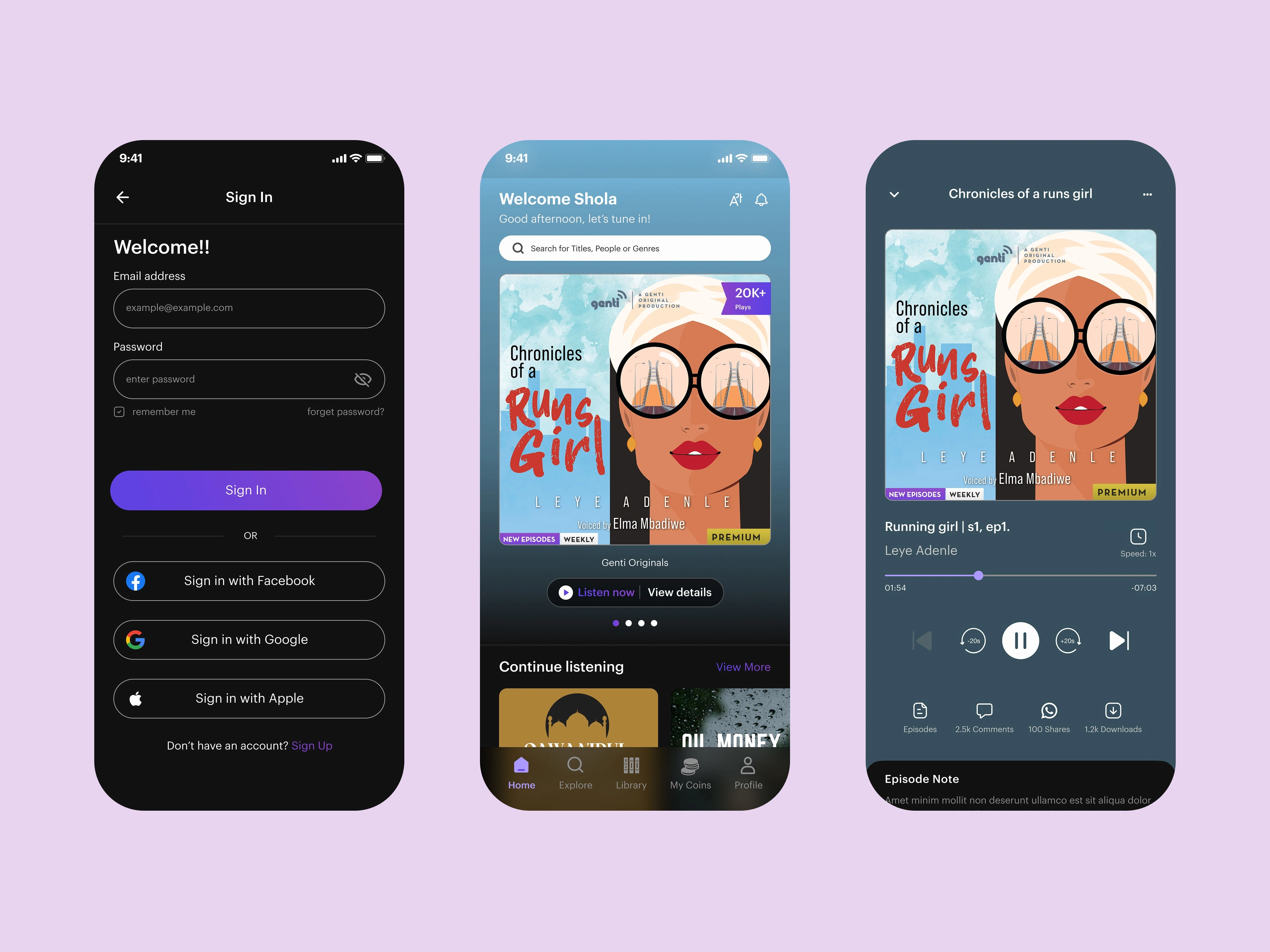 Sign In, Homepage, and Player view