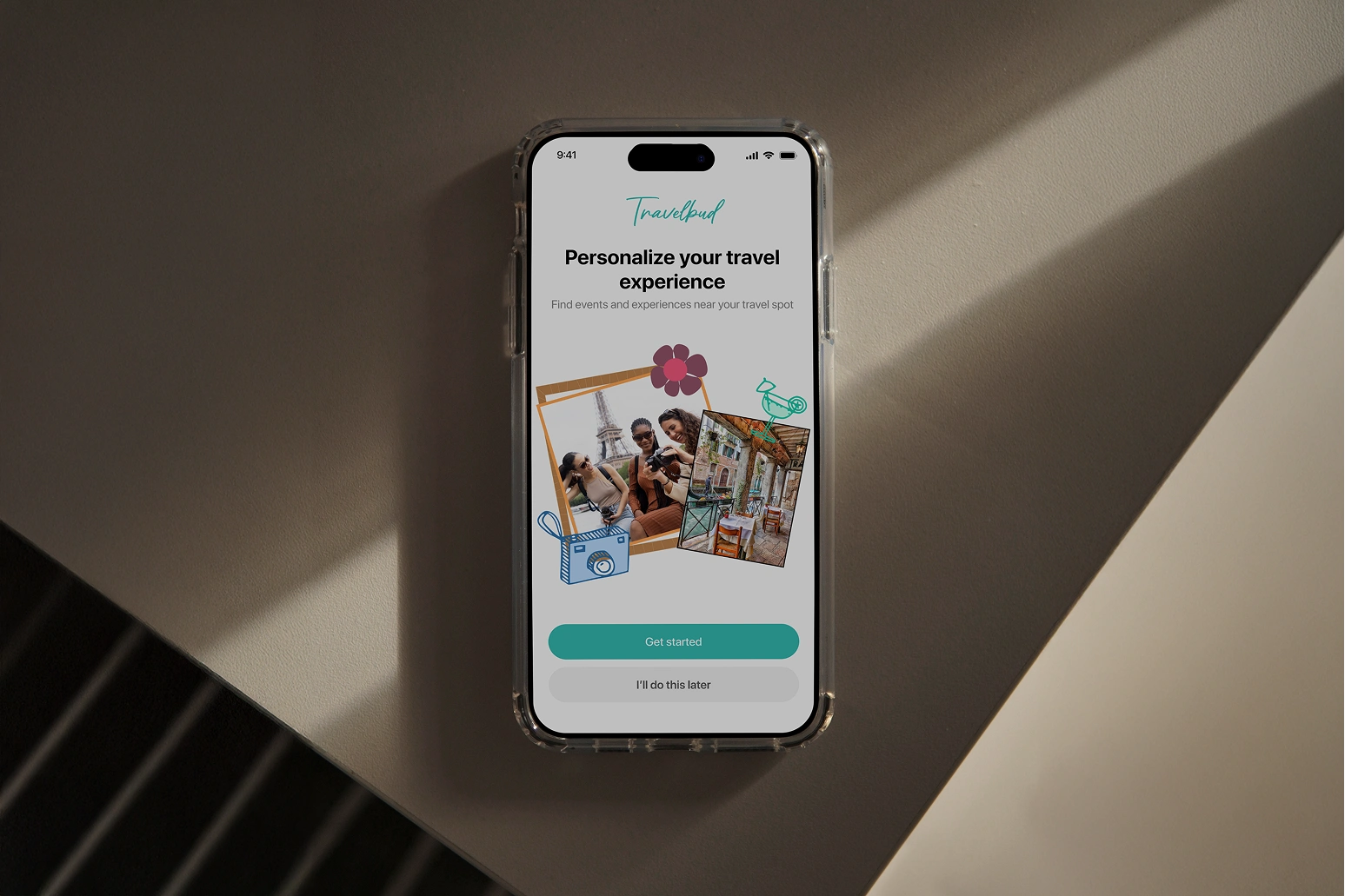 Iphone mockup showing passive onboarding screen.