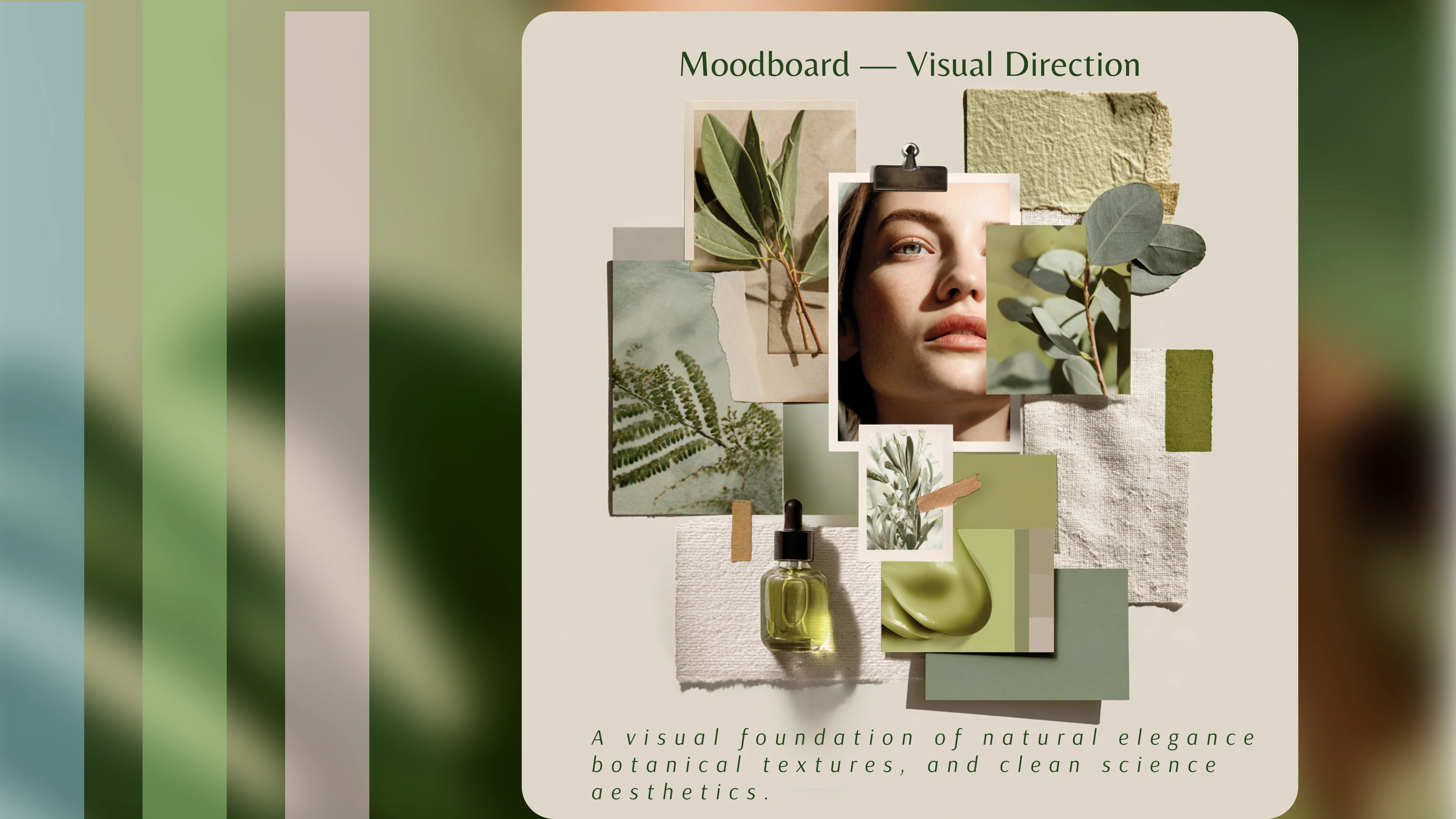A visual moodboard capturing Kleo’s aesthetic direction — soft botanicals, natural textures, and a science-inspired calm color palette.