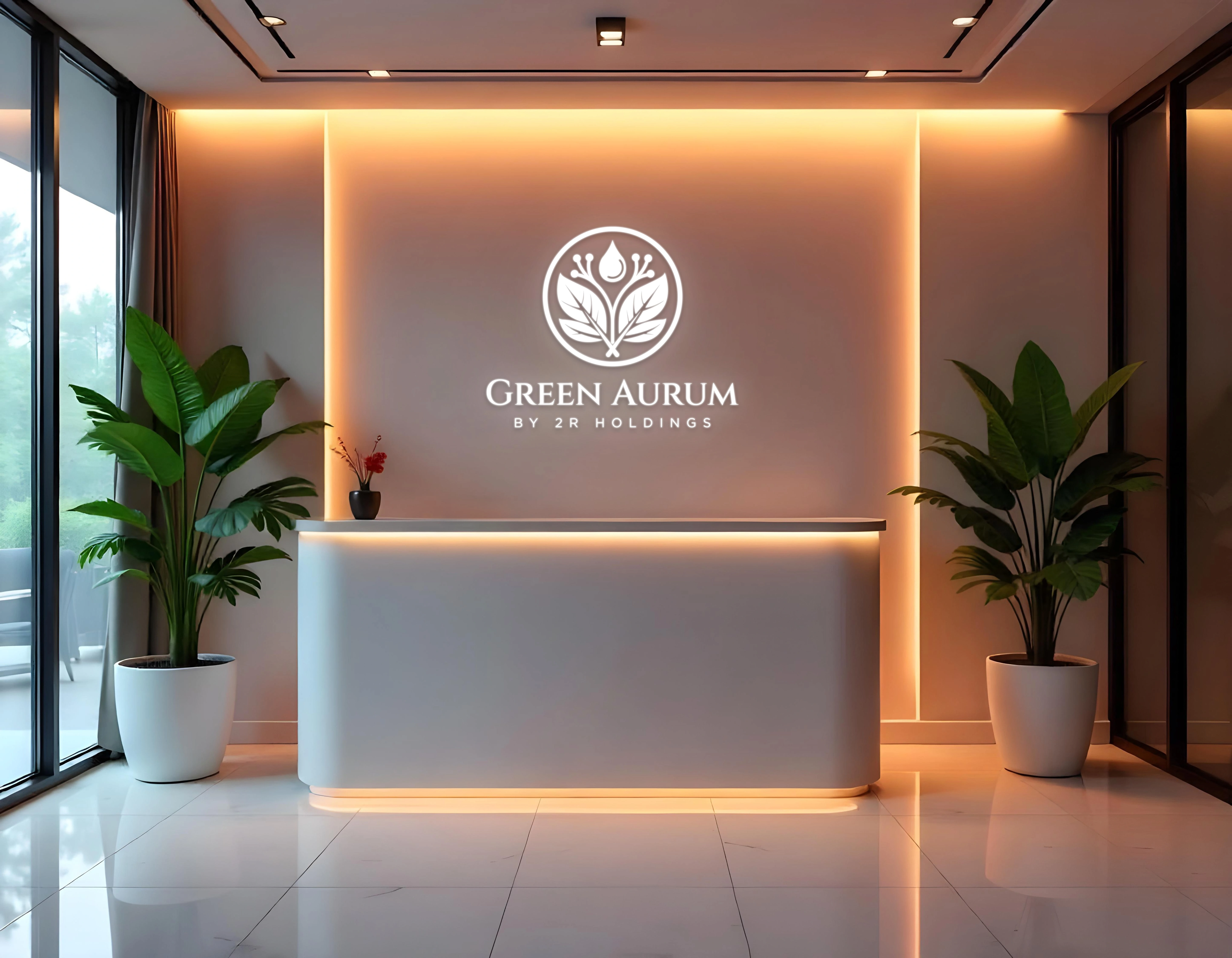 The logo as part of a sleek, modern reception area, reflecting a professional corporate identity.