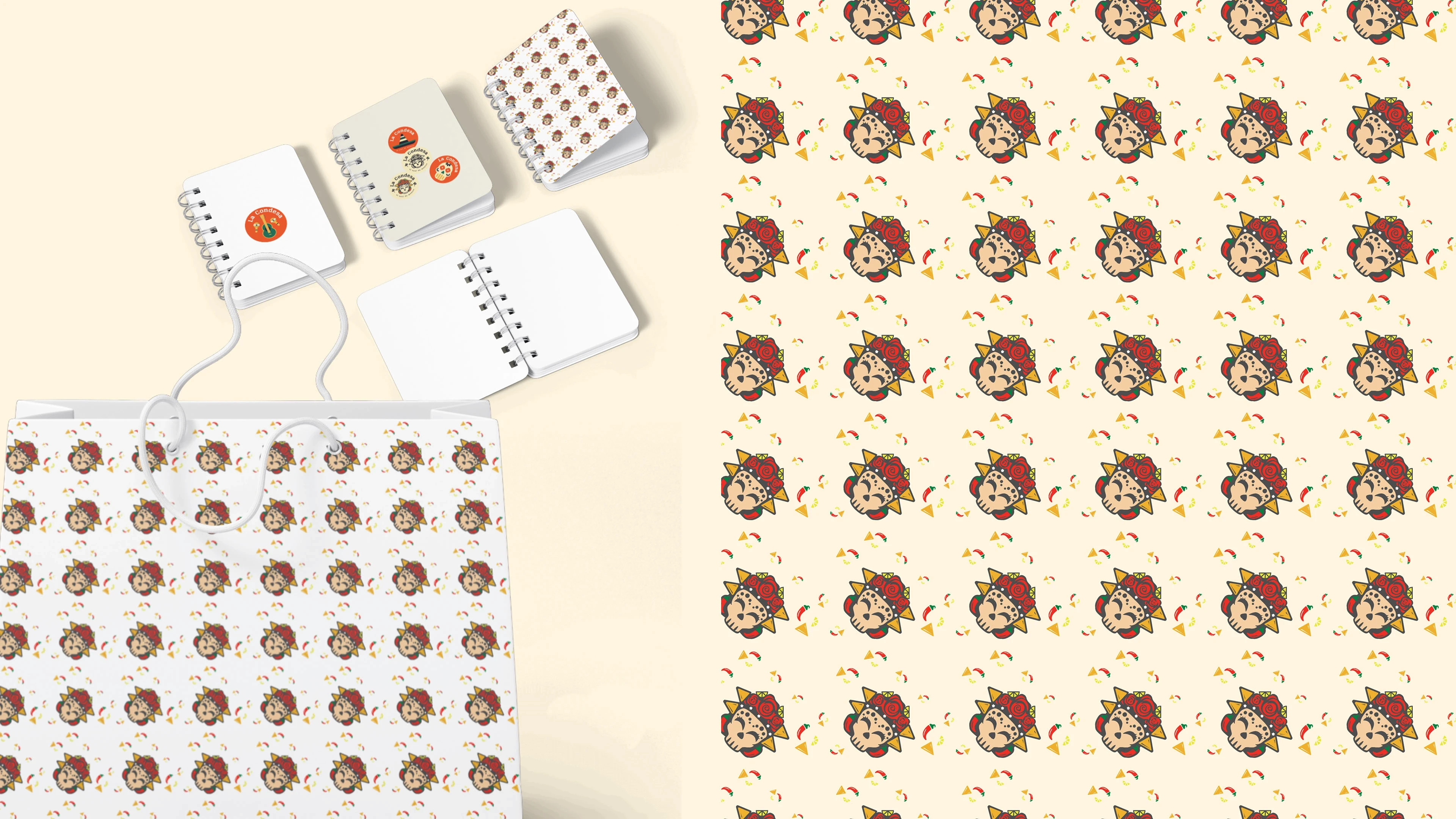 The consistent illustrative pattern brings the packaging alive to match the same intensity as the flavour from the menu.

Together they give La Condesa a consistent identity and colour.