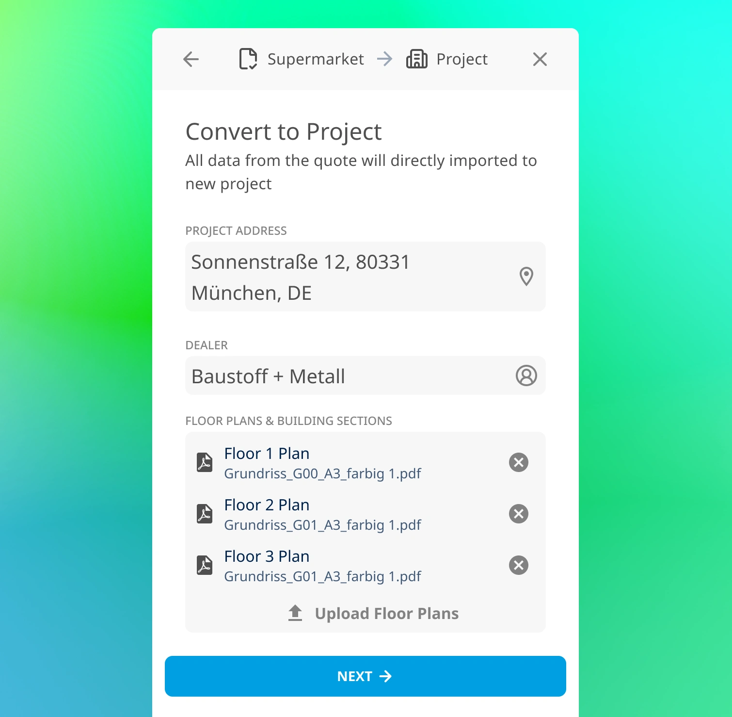 After a Tender has been won and approved, it can be converted into a construction project in one click. Users can import all existing information and offering to add new resources like floor-plans.