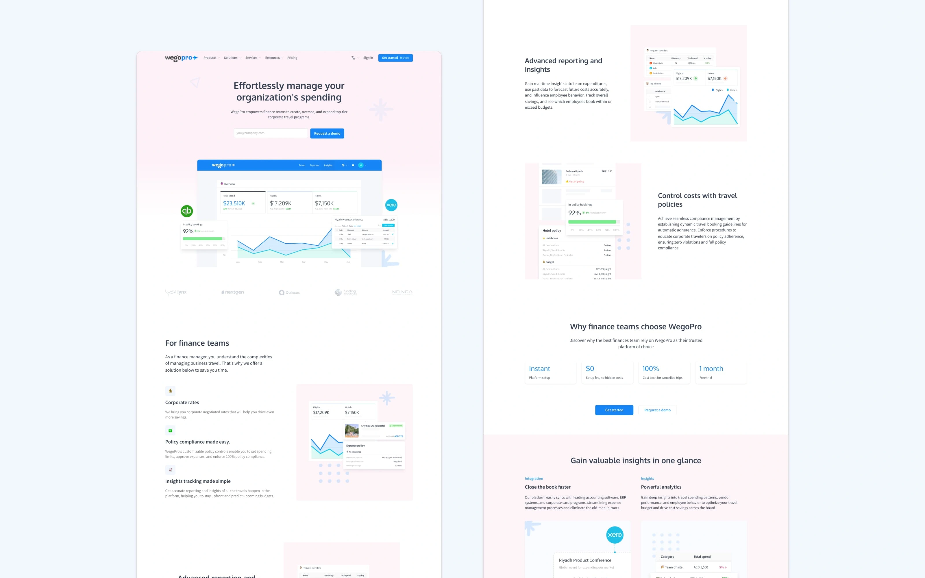 Landing page tailored for finance managers, highlighting real-time visibility over travel spending and expense approvals.