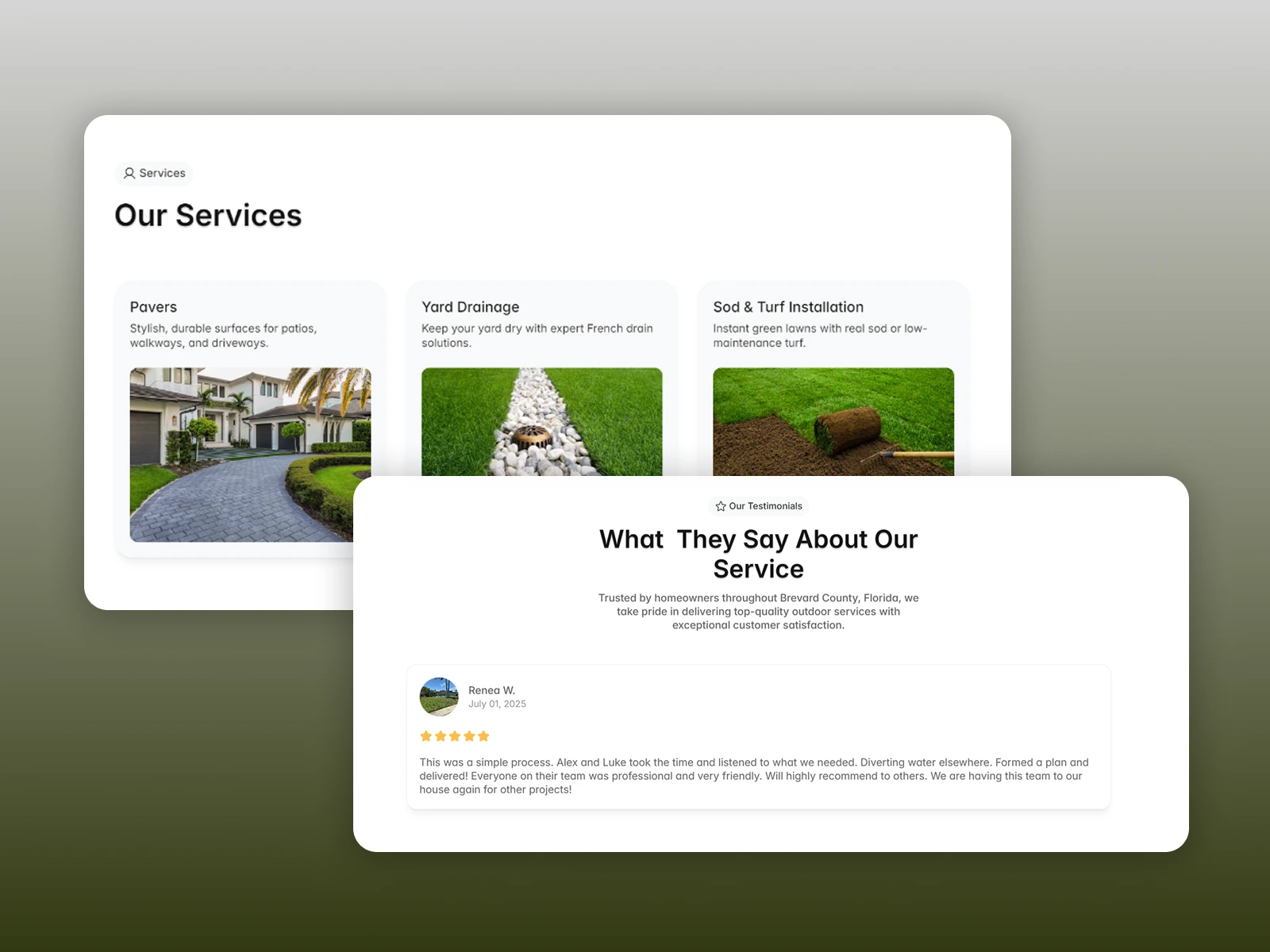 Testimonials & Services displayed prominently at the the top of the page.